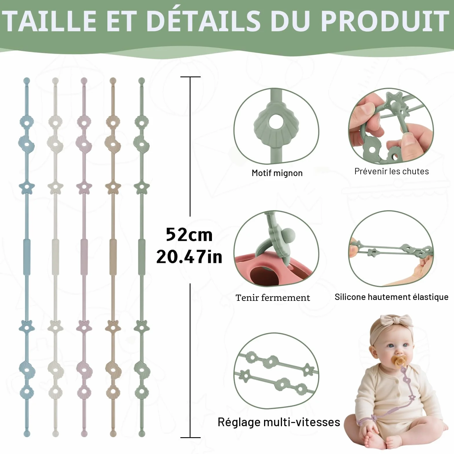 Lot de 5 attache-tétines en silicone avec clip réglable - Chaîne de poussette - Sans BPA