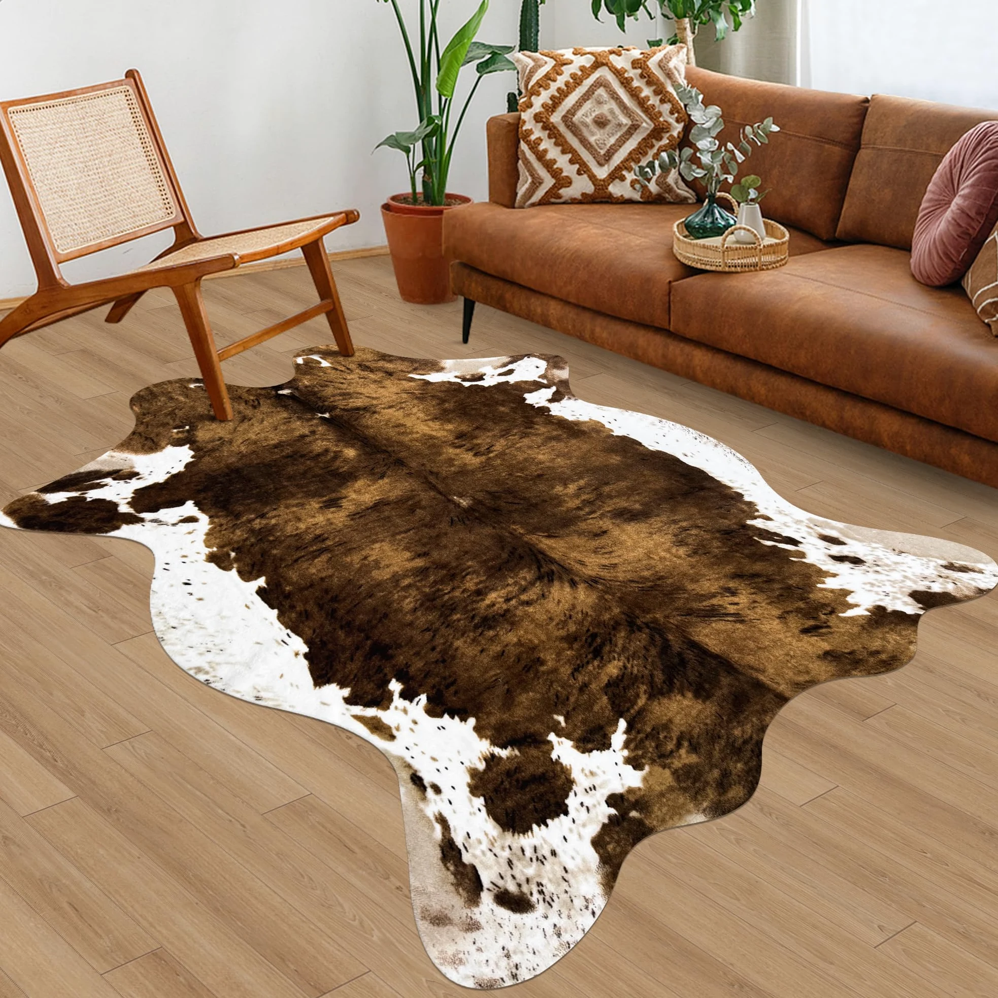 Grand tapis en cuir de vache synthétique pour chambre à coucher, salon, chambre d'enfant, bureau, table, décoration murale, marron, 1,4 x 1,6 m