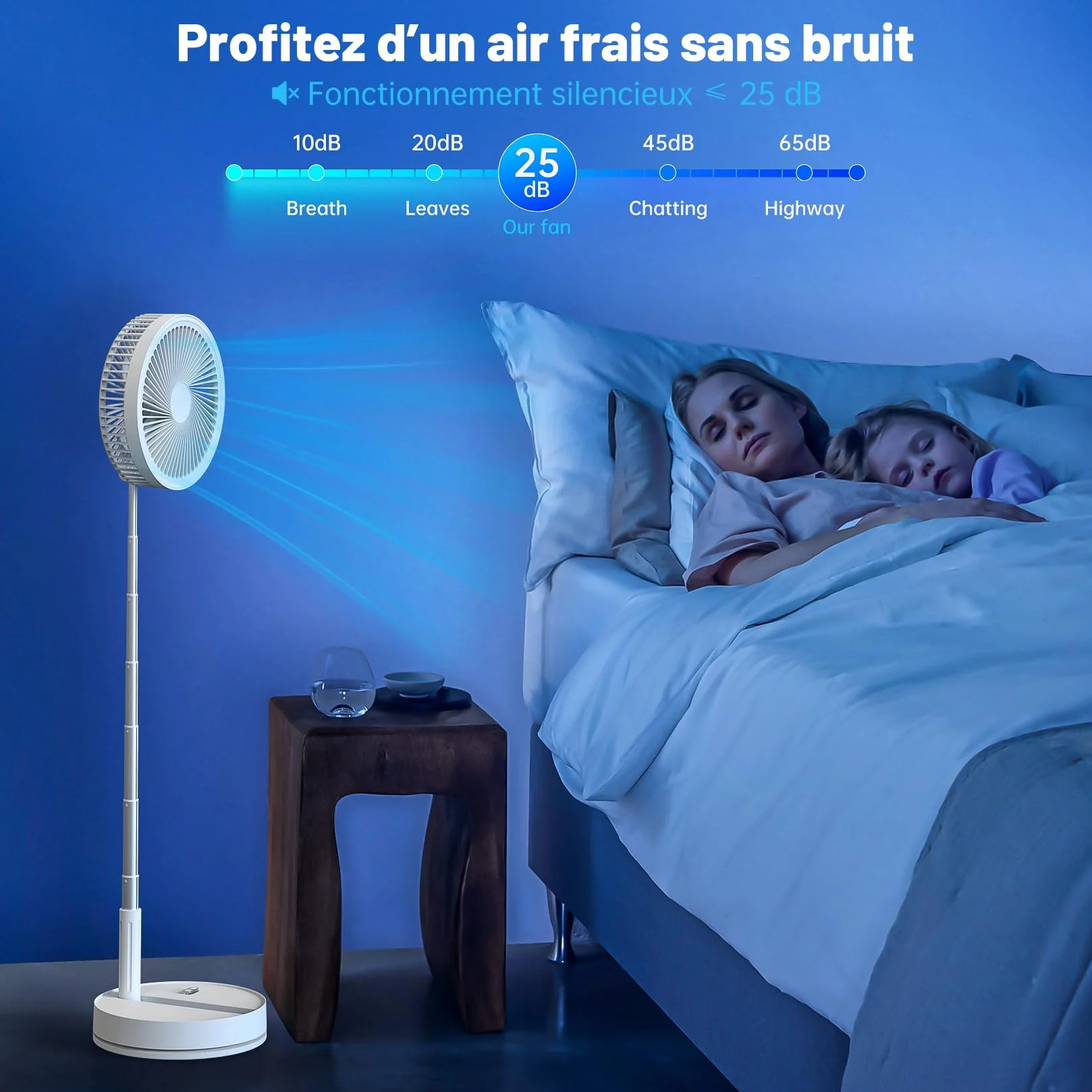 Ventilateur sur Pied Silencieux 8.6" Portable Pliable 4 Vitesses Timer 8000mAh USB Rechargeable pour Chambre Bureau