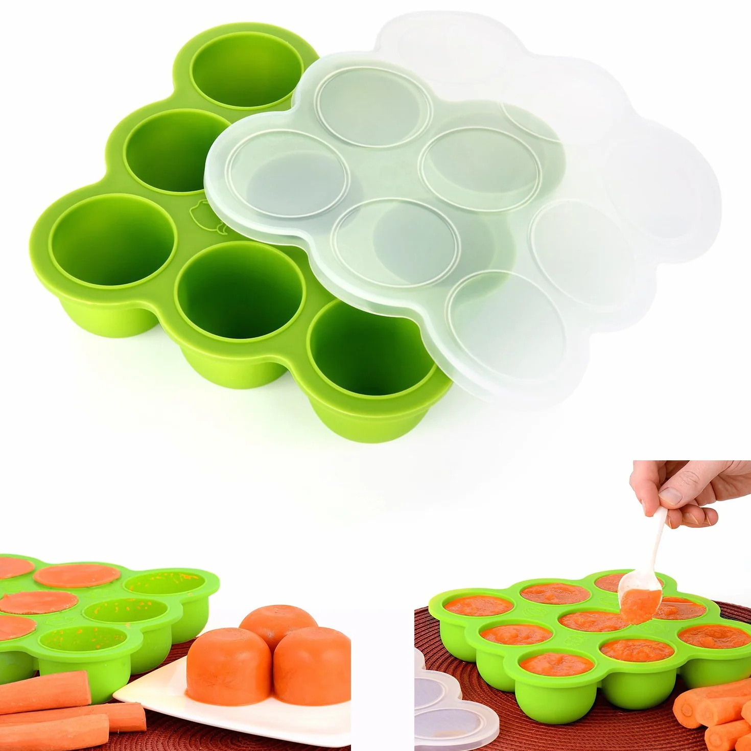Récipient Nourriture Bébé 9 Pots Conservation Silicone avec Couvercle Vert
