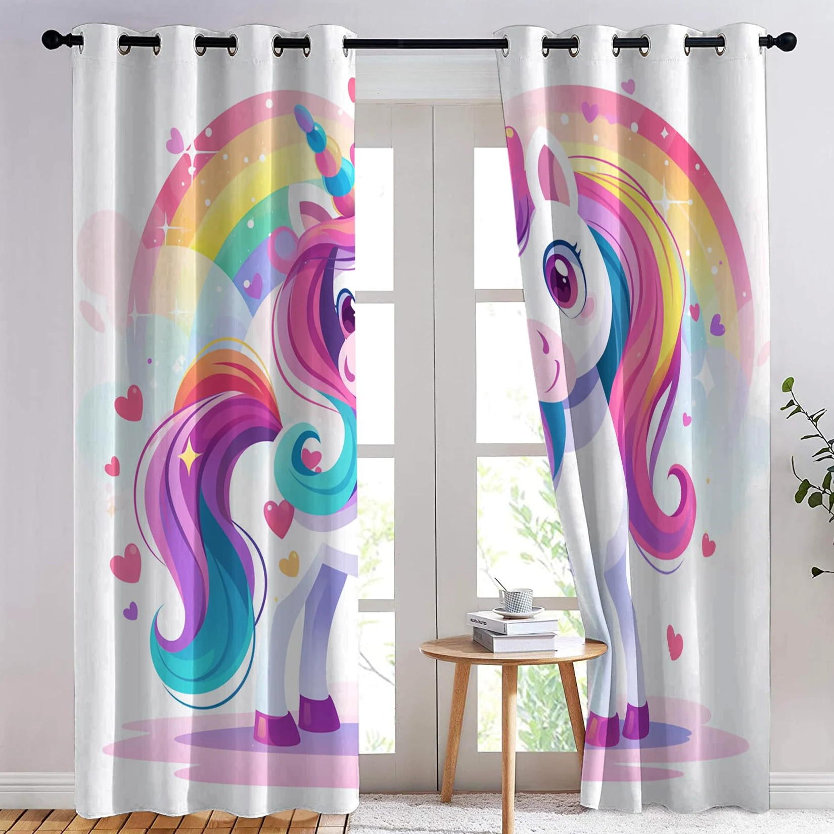 Rideau Occultant Licorne - Décoration Licorne, Rideau Thermique Motif Fille Arc en Ciel, Lot de 2 Rideaux Opaque à Oeillets pour Fenetre Chambre Salon Chambre Enfant, 140x220 cm (LxH) W#300