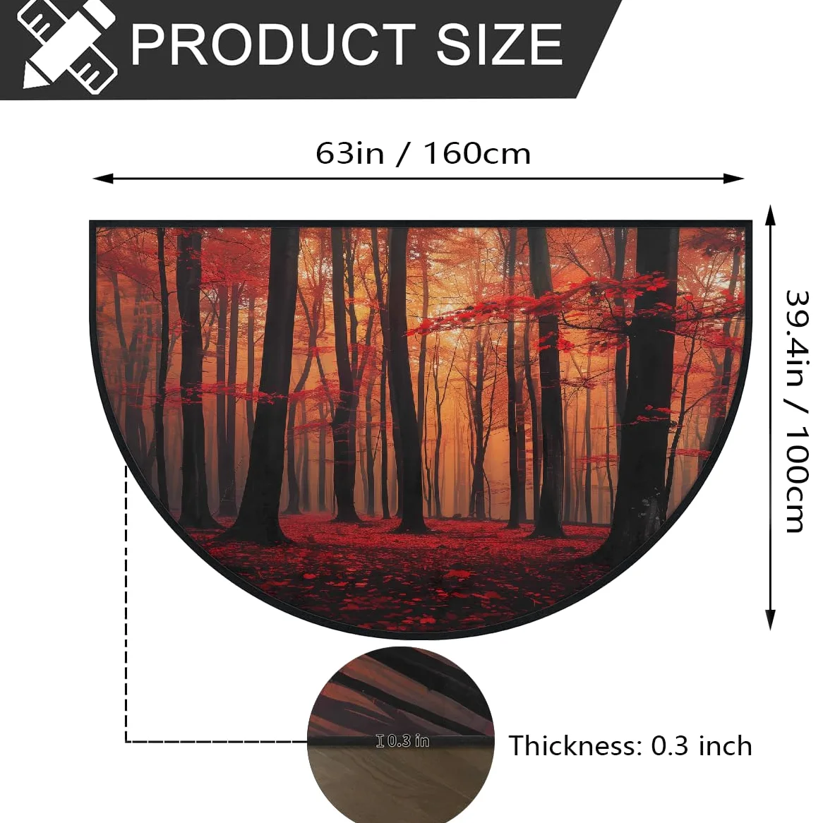 Mexpekil Paillasson demi-lune d'automne en forme de forêt rouge pour intérieur et extérieur, antidérapant, lavable, absorbant, anti-saleté, 100 x 160 cm