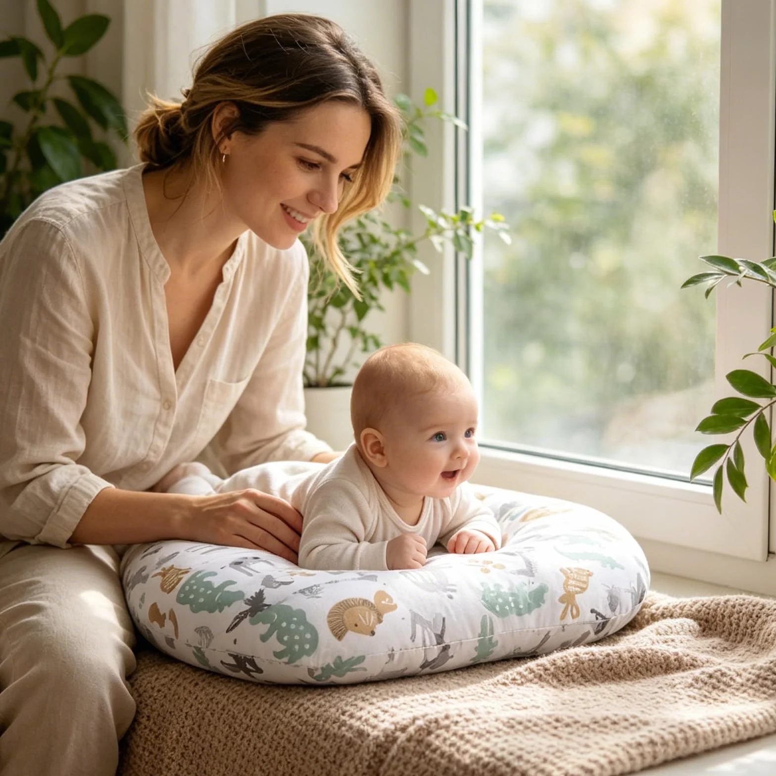 BORDEAG Coussin d'allaitement pour nouveau-né 53 x 40 cm avec housse motif parc animalier