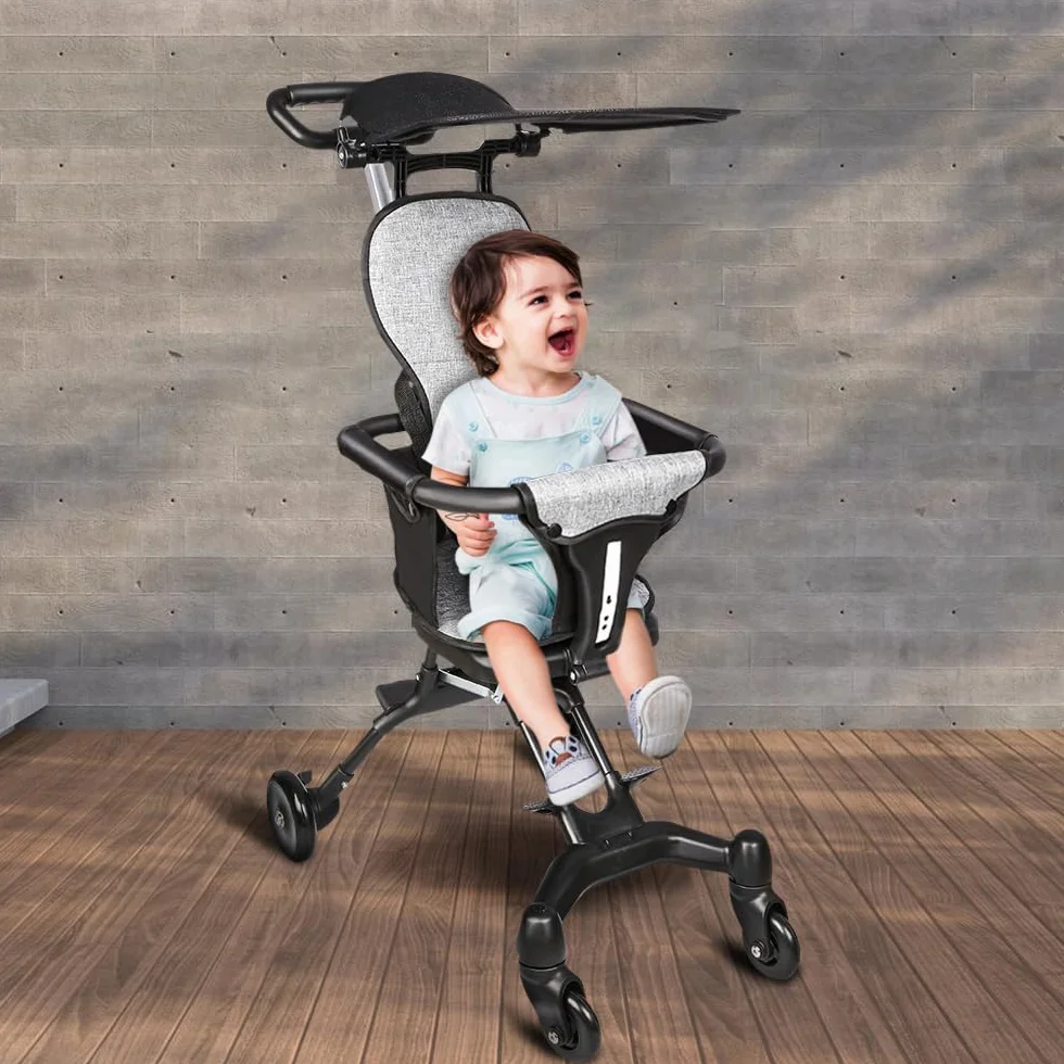 Poussette Compacte 25 kg Inclinable Pliable Porte-Gobelet Capote Pare-Soleil UPF 50+ Panier Course XL Gris Noir