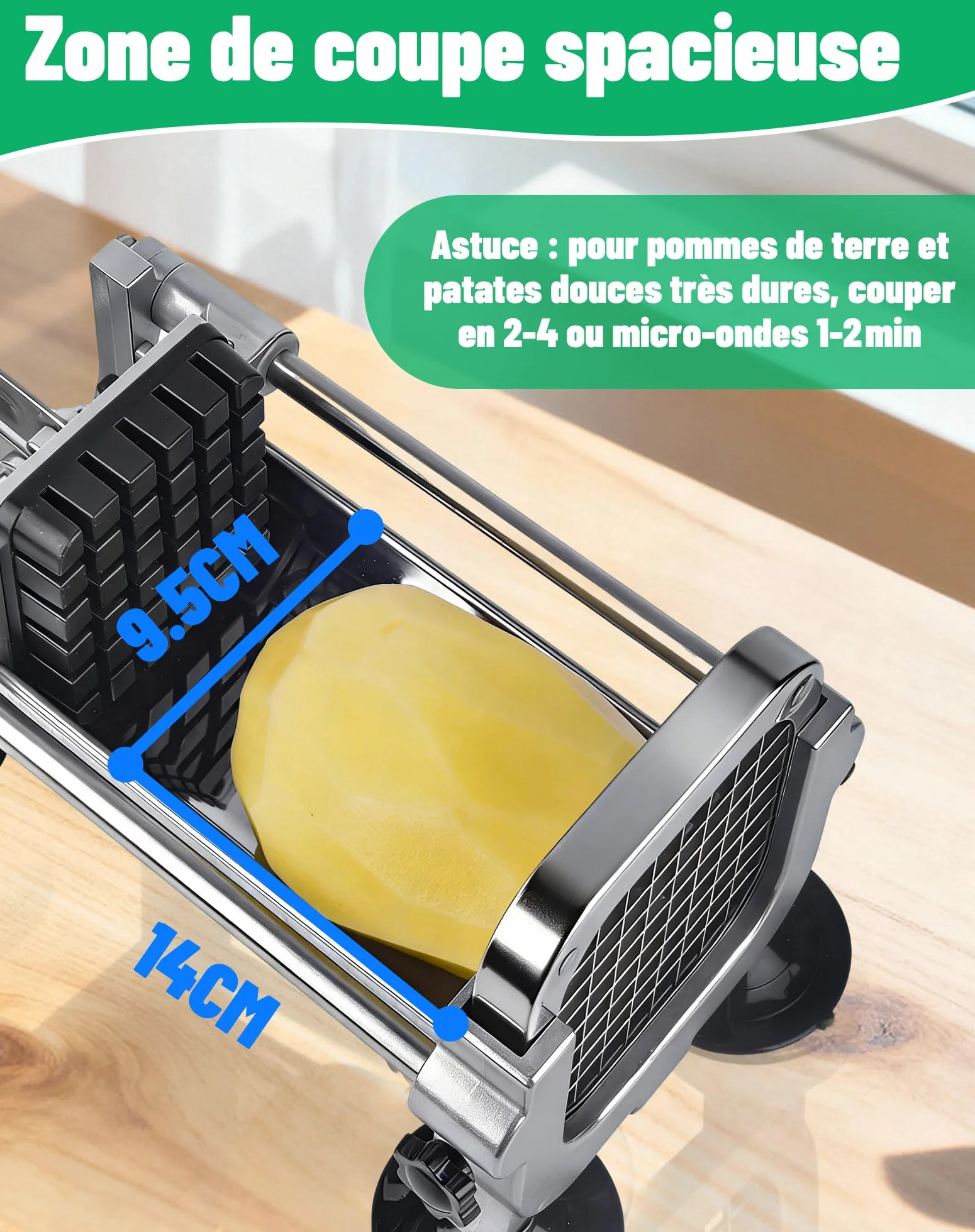 LAOYE Coupe Frite Professionnel Manuel 9 mm 6.5 mm 13 mm Lames 4 Ventouses
