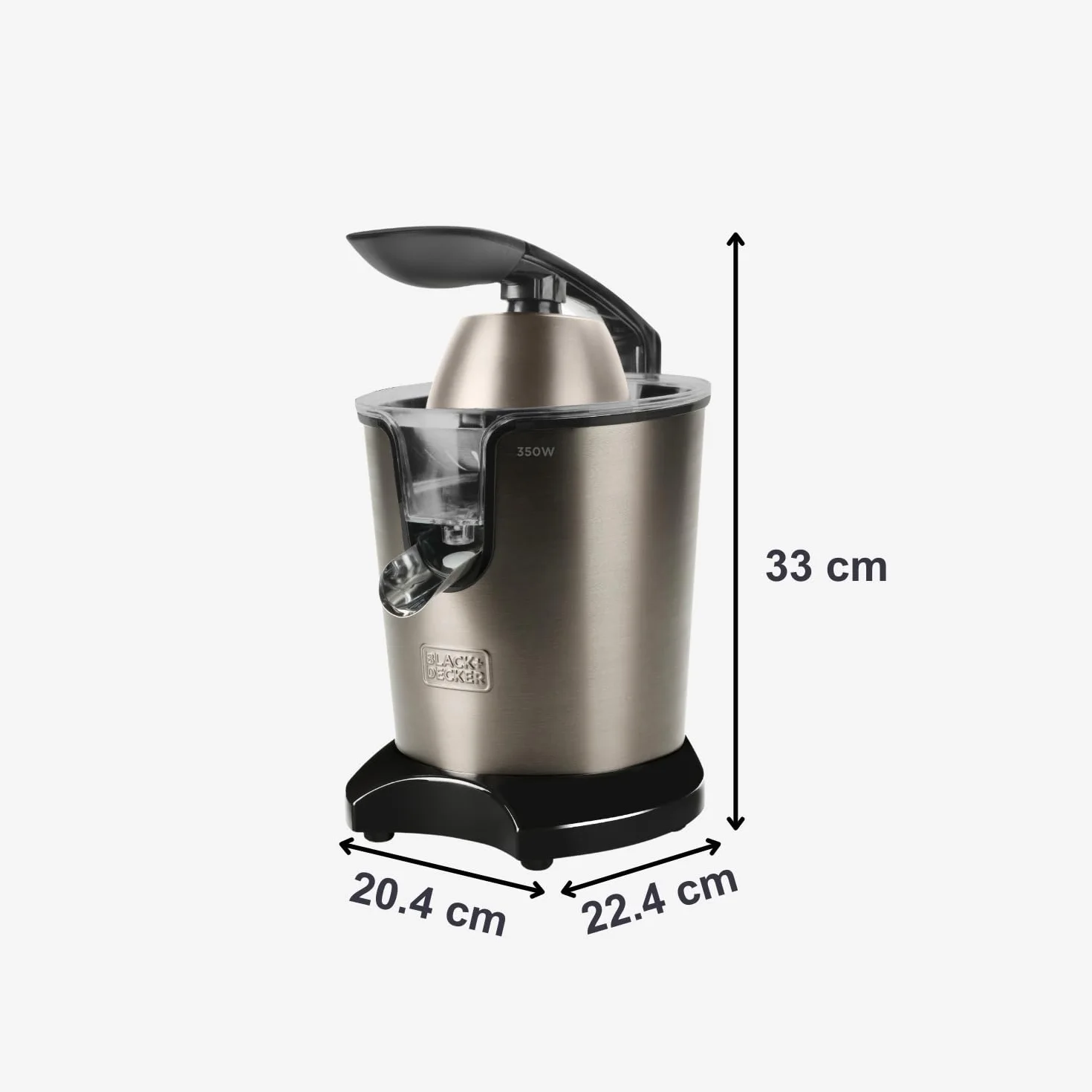 BLACK+DECKER Presse-Agrumes à Levier 350W Moteur AC Pro Corps Inox Réservoir 0,65L Anti-Goutte
