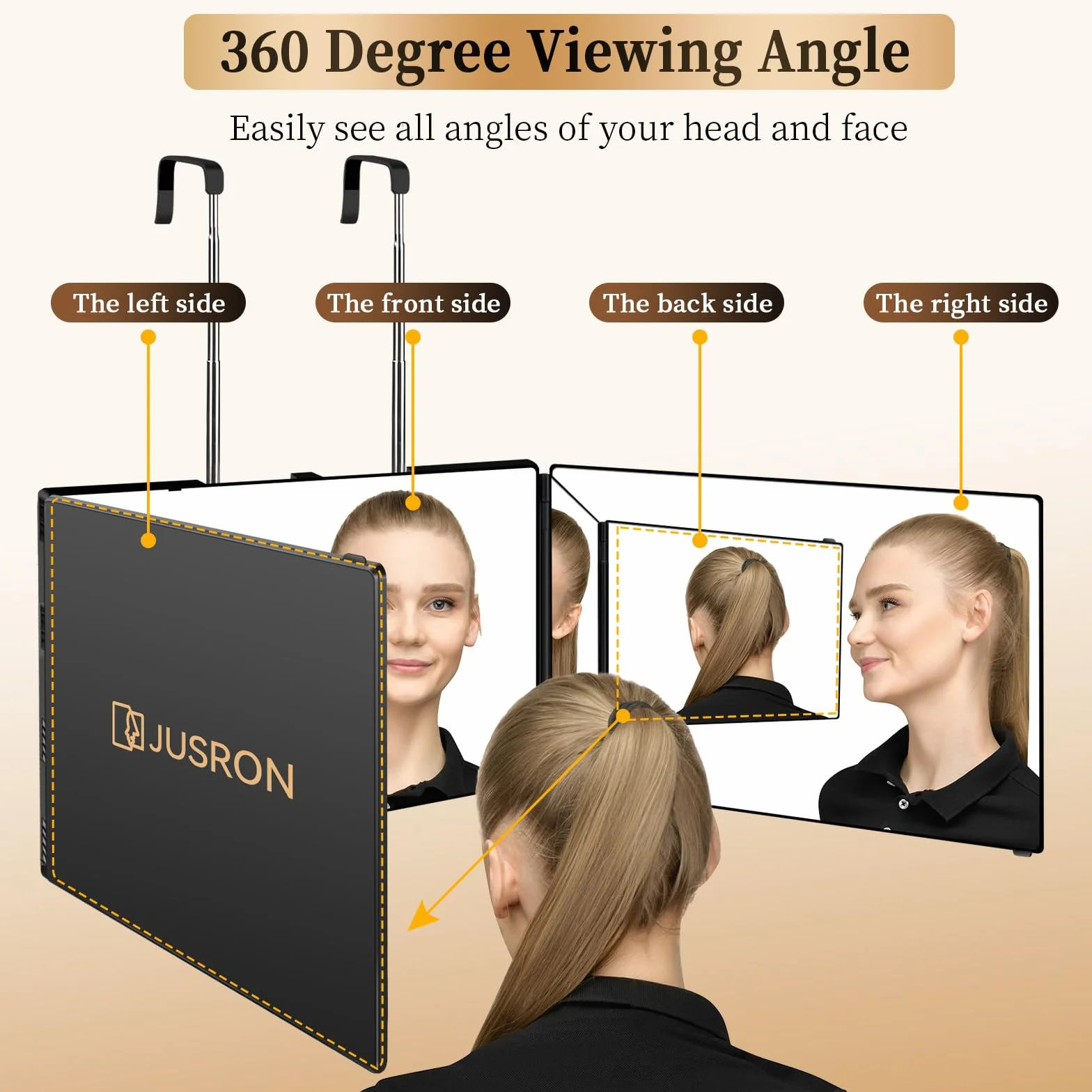 Miroir Coiffure 360° 3 Faces Barbier Réglable Pliable Portable