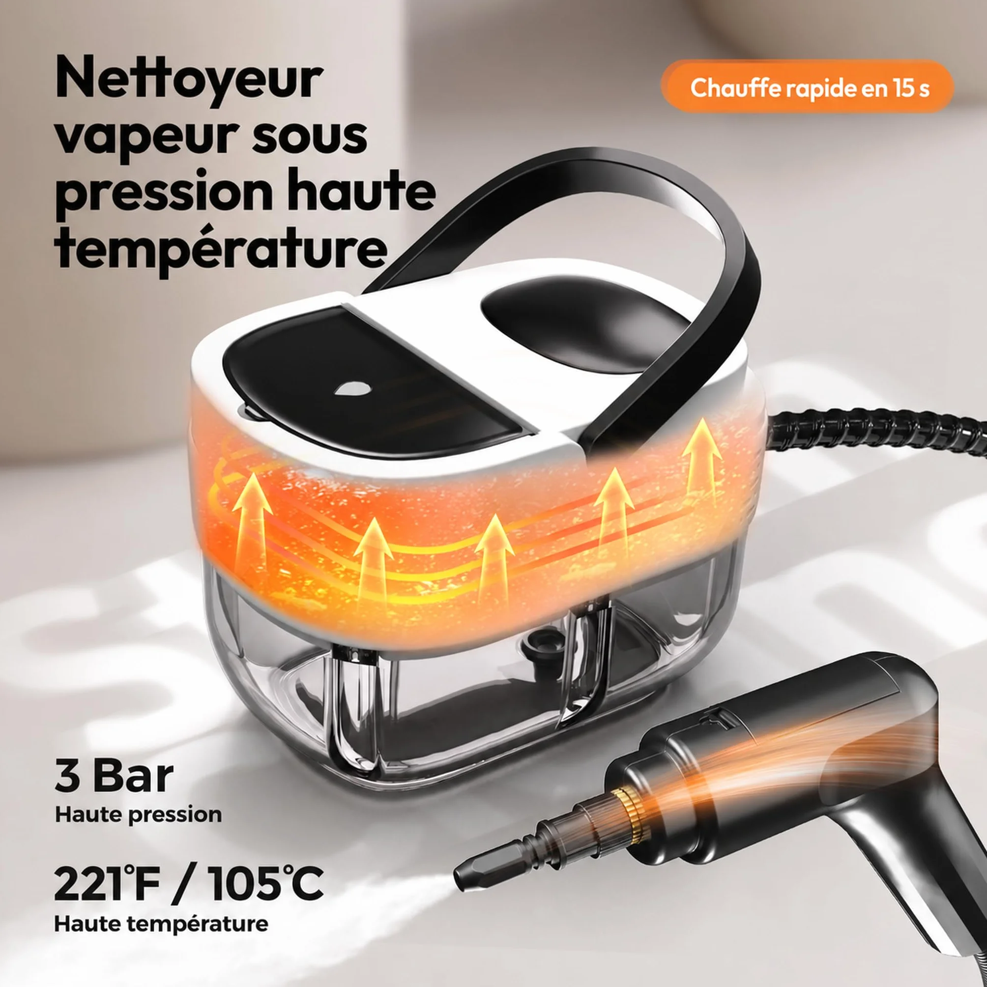 Nettoyeur Vapeur Portatif 1600ml, Steamer Multi-usage avec Poignée Réglable 3 Niveaux