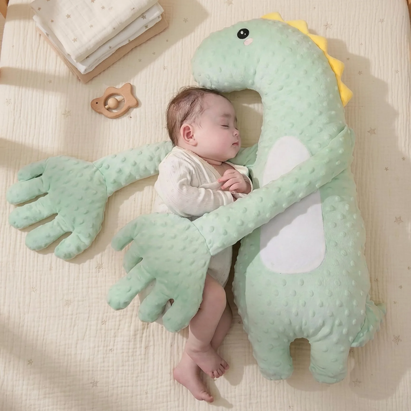 Tapoter la main pour le sommeil de bébé – Oreiller à tapoter pour bébé dinosaure vert, oreiller apaisant intelligent avec tapotements doux et minuterie, aide au sommeil portable pour nourrissons
