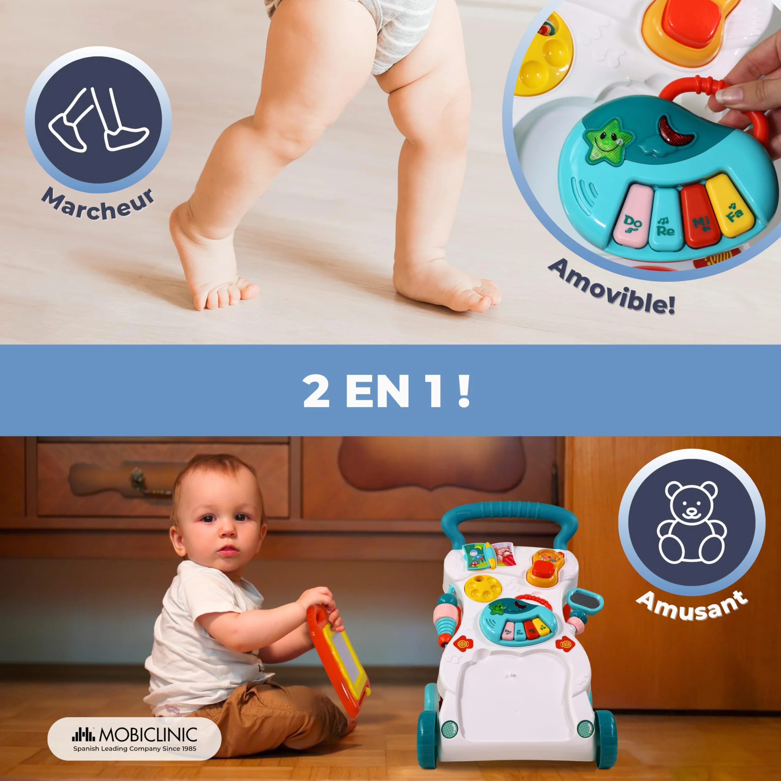 Mobiclinic Chariot de Marche Bébé avec Musique et Lumières, Vitesse Réglable, Jouets Amovibles, + 6 mois, Multicolore