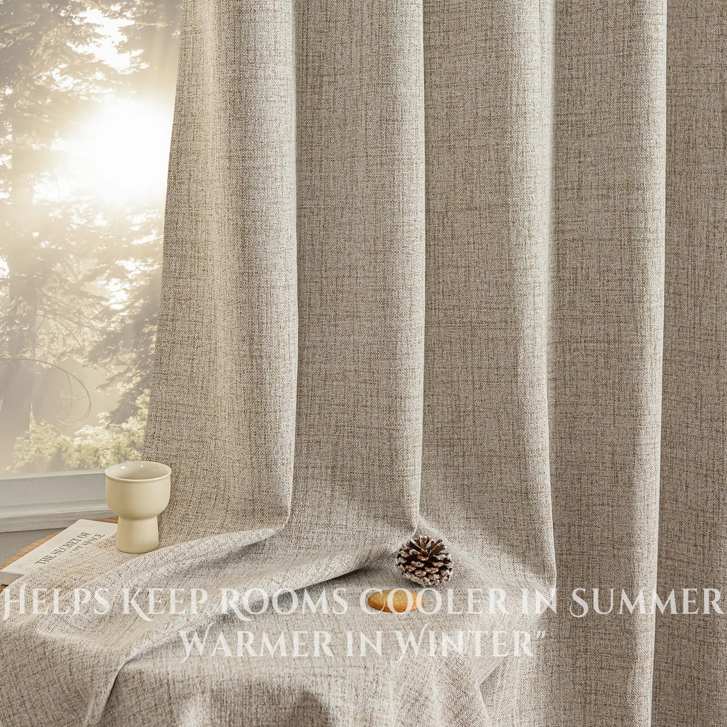Rideaux Occultants 100% Aspect Lin avec Œillets, 140 x 210 cm, Lin Naturel | Tissu Triple Tissage Aspect Lin, Isolation Thermique, Isolation Phonique et Protection UV pour un confort optimal.