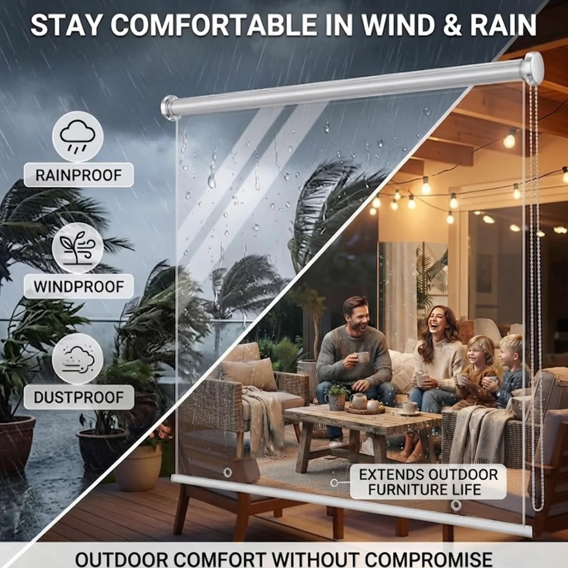 Store Enrouleur Transparent et Imperméable, Volets Roulants Exterieur PVC | Stores à Enroulement, Rideau de Séparation Clairs en plastique pour pergola Fenêtres, Anti-poussière(140x120cm)