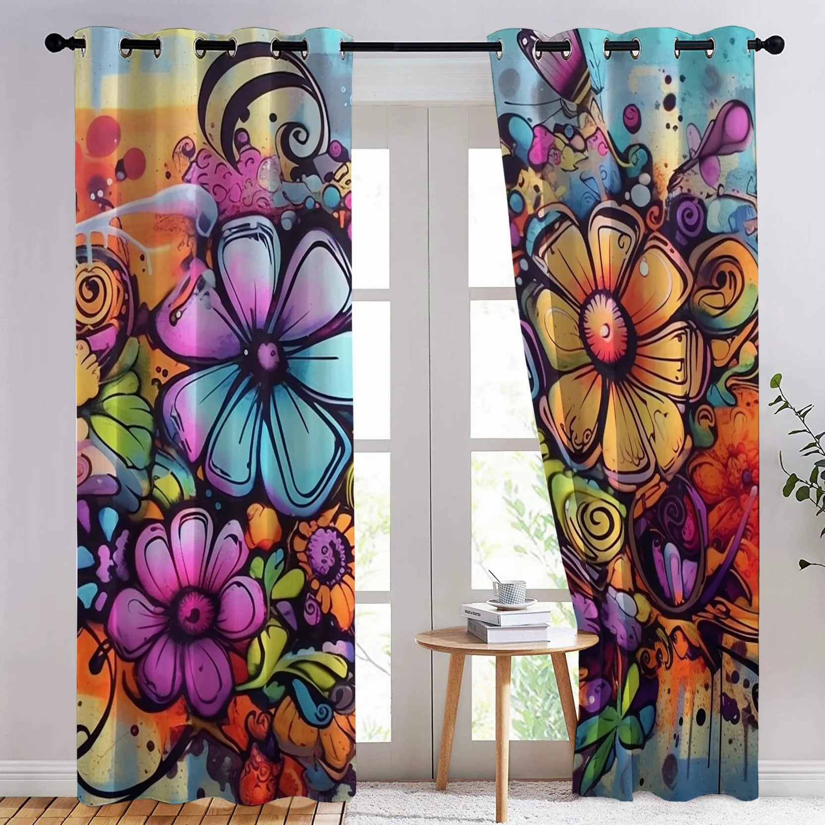 Rideau Occultant Graffiti, Rideau Isolant Thermique pour Salon Chambre, Rideaux Motif Floral, Rideau Opaque à Oeillets, Lot de 2 Rideaux et Draperies Intérieur 140x240cm LxH