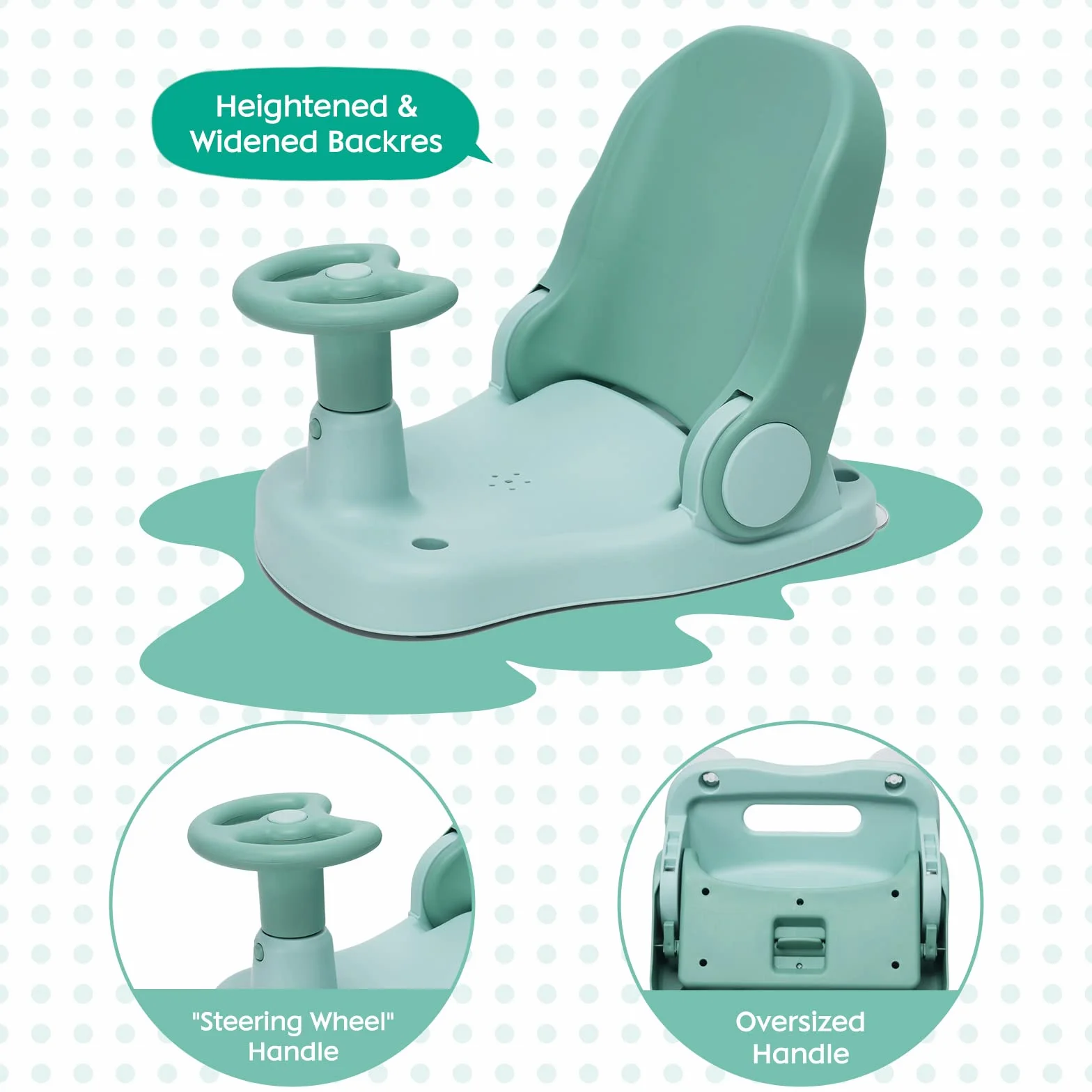 Siège de bain bébé dossier réglable pliable ventouse puissante portable vert 6 mois+