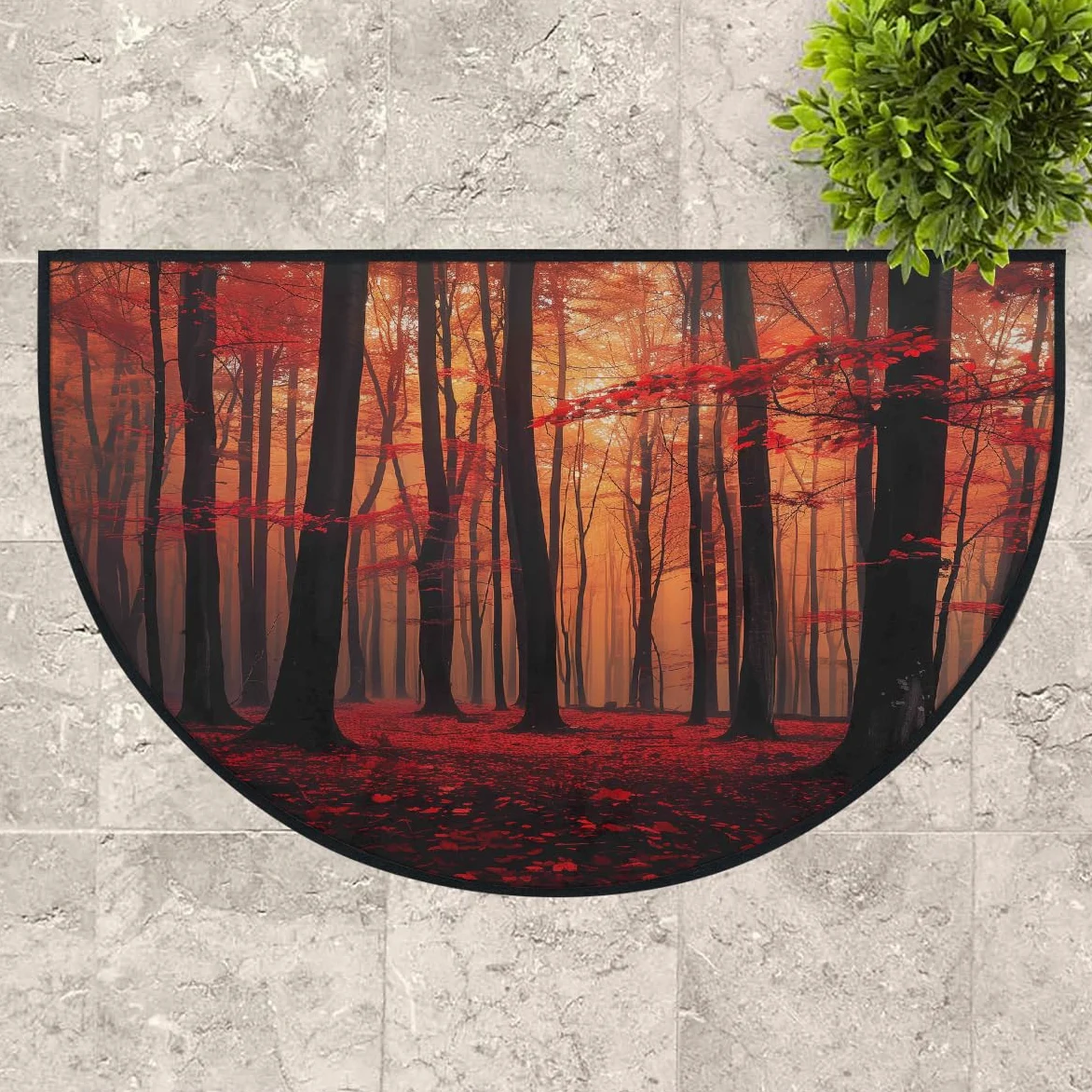 Mexpekil Paillasson demi-lune d'automne en forme de forêt rouge pour intérieur et extérieur, antidérapant, lavable, absorbant, anti-saleté, 100 x 160 cm