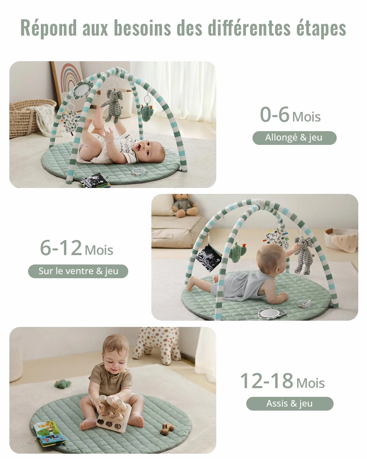 Blissful Diary Tapis d'Éveil Bébé avec Arche Amovible, 6 Jouets Sensoriels et Moteurs, Vert Sauge