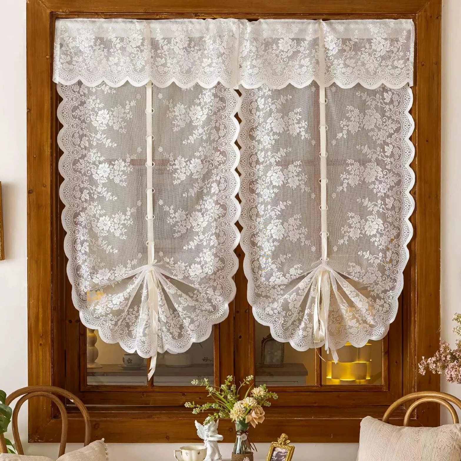 2 Pièces Français Rideaux de Ballon À Nouer, Rideaux Élégants Brodés À Fleurs Filtrant la Lumière AVCE Bords Festonnés et Passe-Tringle pour Cuisine(WxH80x240cm/31x94inch)