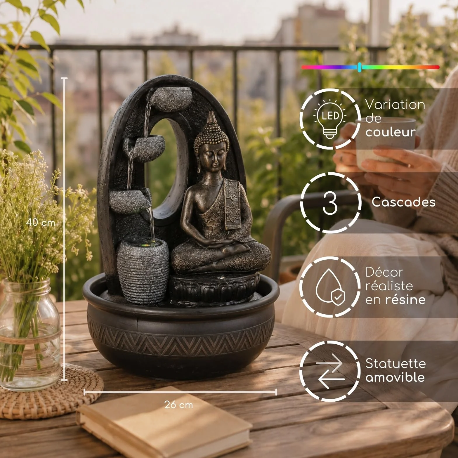 Fontaine d’Intérieur Bouddha Harmonie 40cm avec Éclairages LED et Pompe Silencieuse