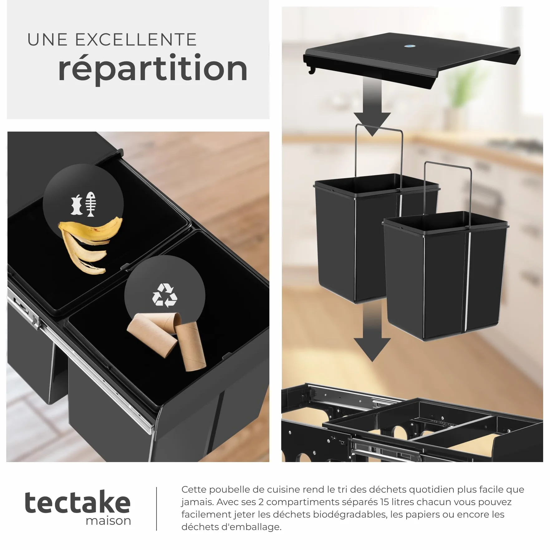 Poubelle de tri selectif 2 compartiments 2x15L 30 litres Noir pour Meuble de cuisine
