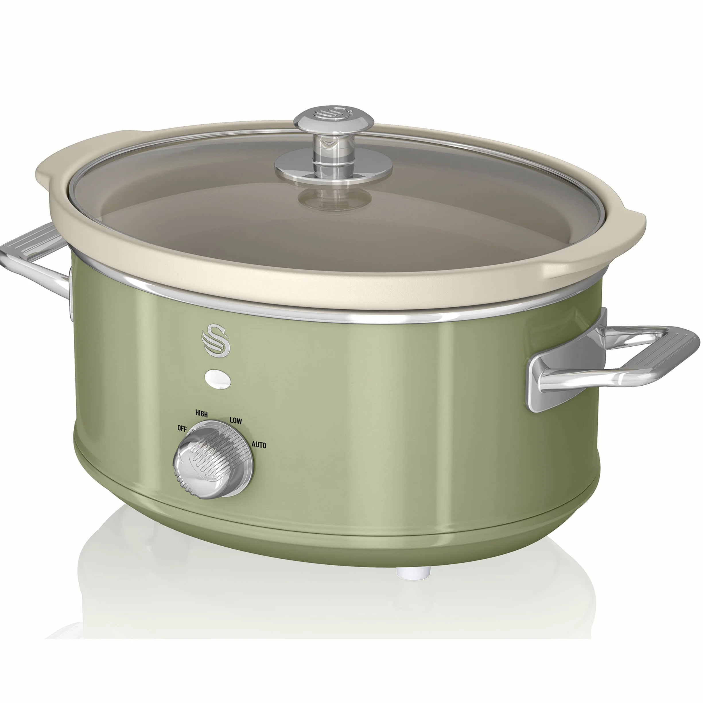 Swan Retro SF17021GNEU Mijoteuse 3,5L Antiadhésif Céramique PFOA PTFE Libre 3 Niveaux Température Couvercle Verre Vert 200 W