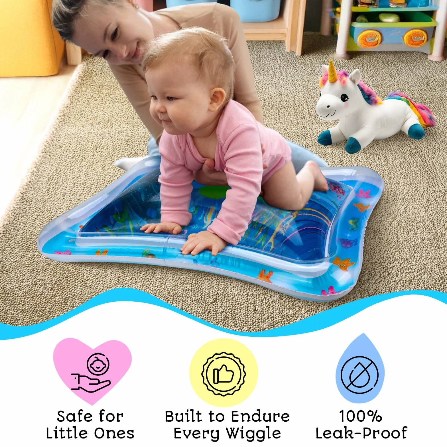 Tapis d'Éveil et de Jeux Sensoriel Bébé Gonflable - Jeu d'Eau Sans BPA - GEN2 Bleu