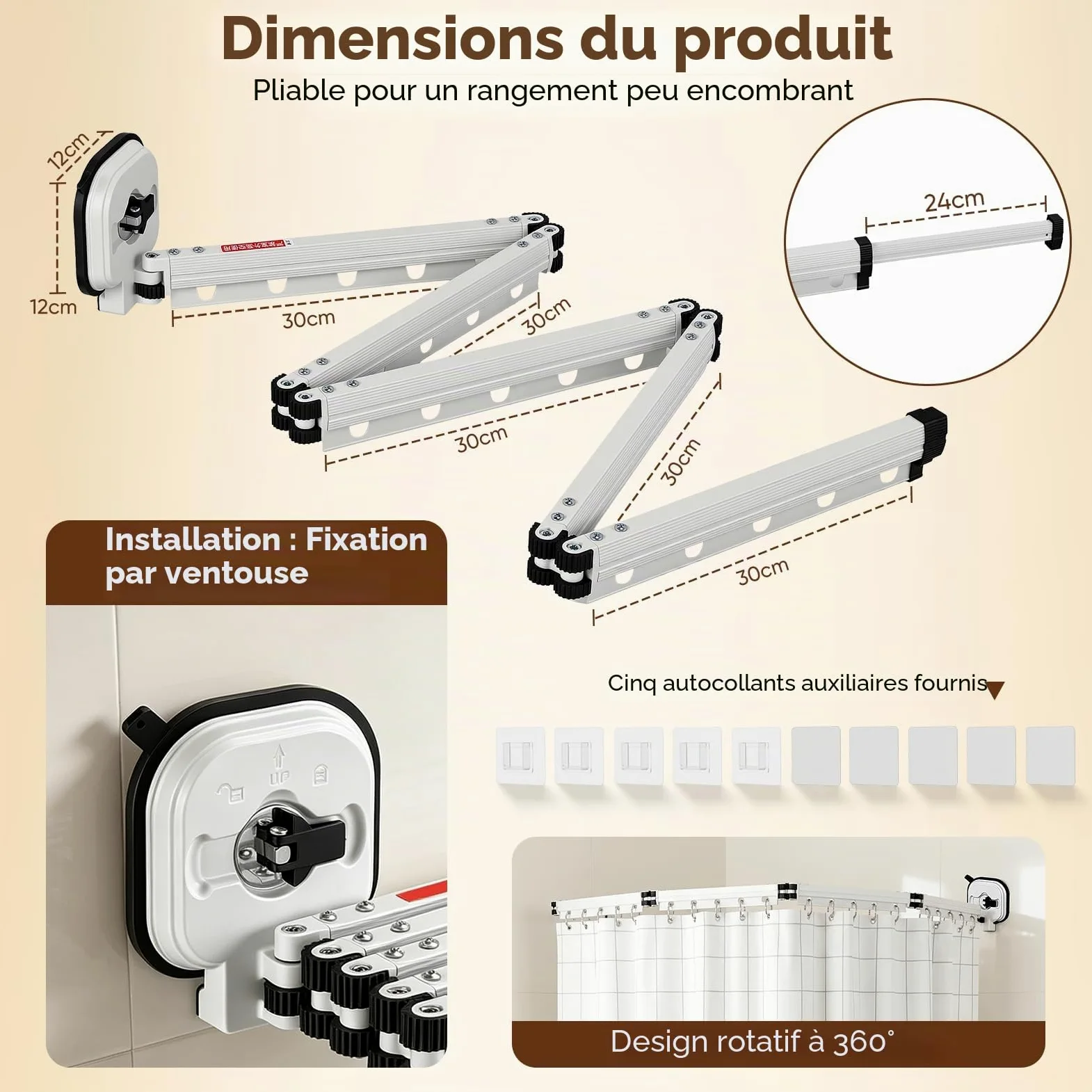 Rideau De Douche Sans Perçage,En Forme De L/U,5 Plis,190 cm | Ventouse Puissante,Tringle À Rideau De Douche Pliable Avec Ventouse,Tringle À Rideau De Douche Pour Douches D'Angle,Blanc
