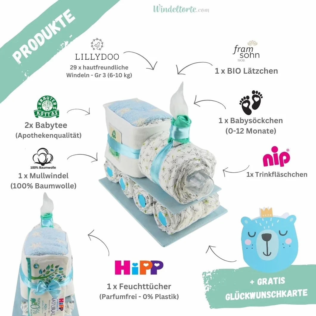 Lillydoo Couches pour garçon Bleu 29 couches Windeltorte fait à la main Cadeau de naissance