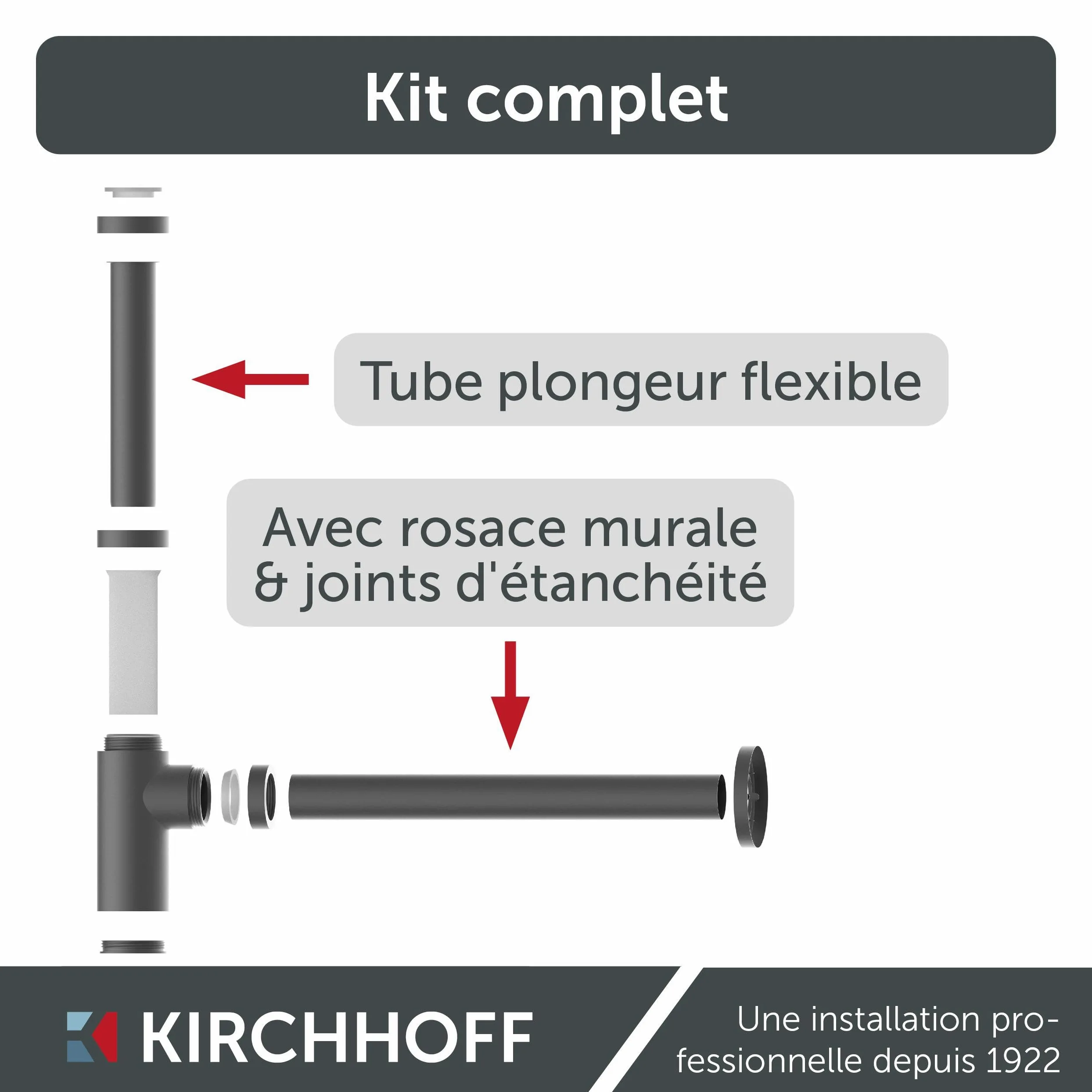 Kirchhoff Bonde de Lavabo Universelle Graphite Mat, Siphon | Laiton massif enduit, raccord 11⁄4", kit avec rosace murale, joint bonde et bouchon lavabo universel, ouverture de nettoyage