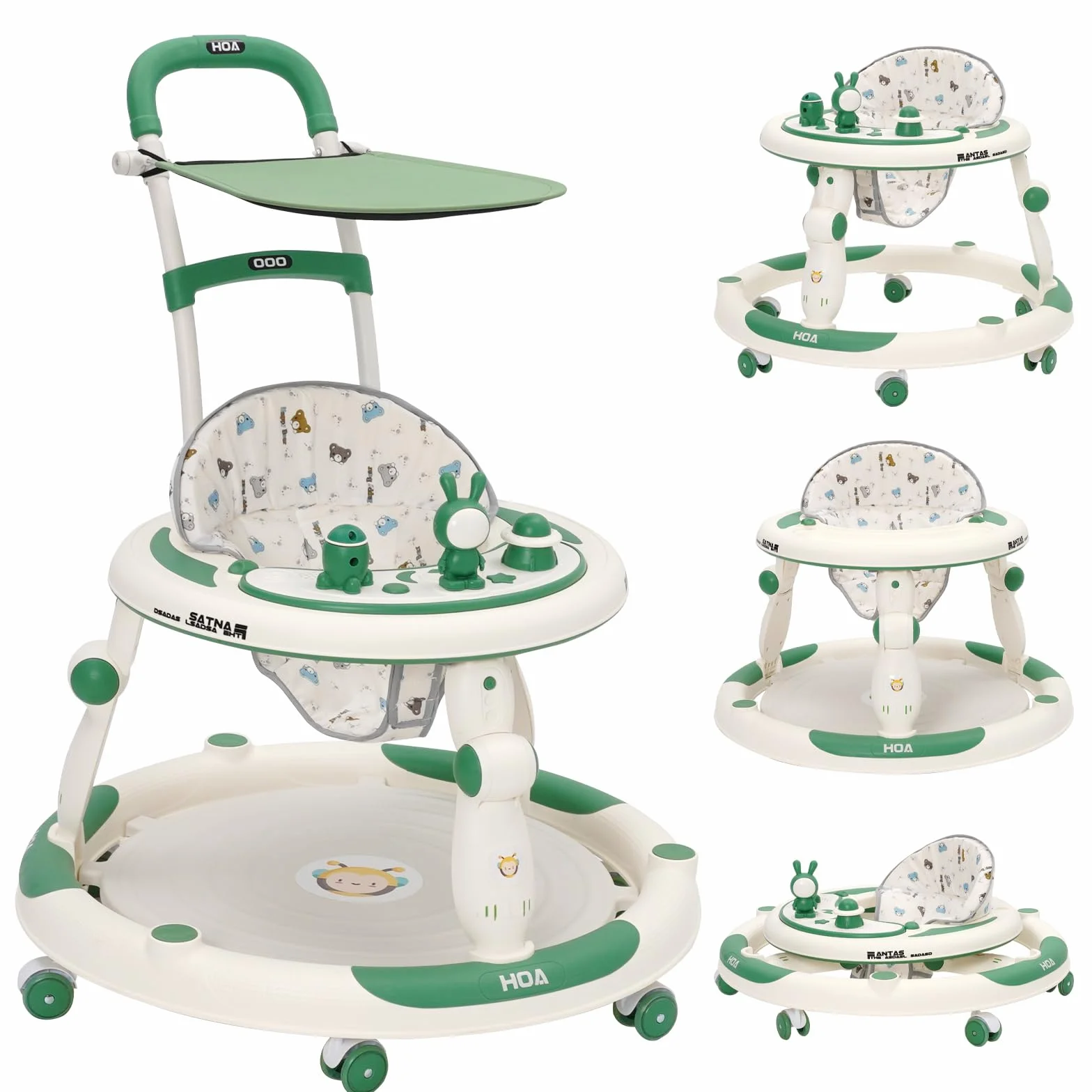 Trotteur Bébé Evolutif 3en1, Jumper Bébé Roues Silencieuses 360°, Centre de Jeux, Table à Manger, Réglable Hauteur, Pliable, Vert