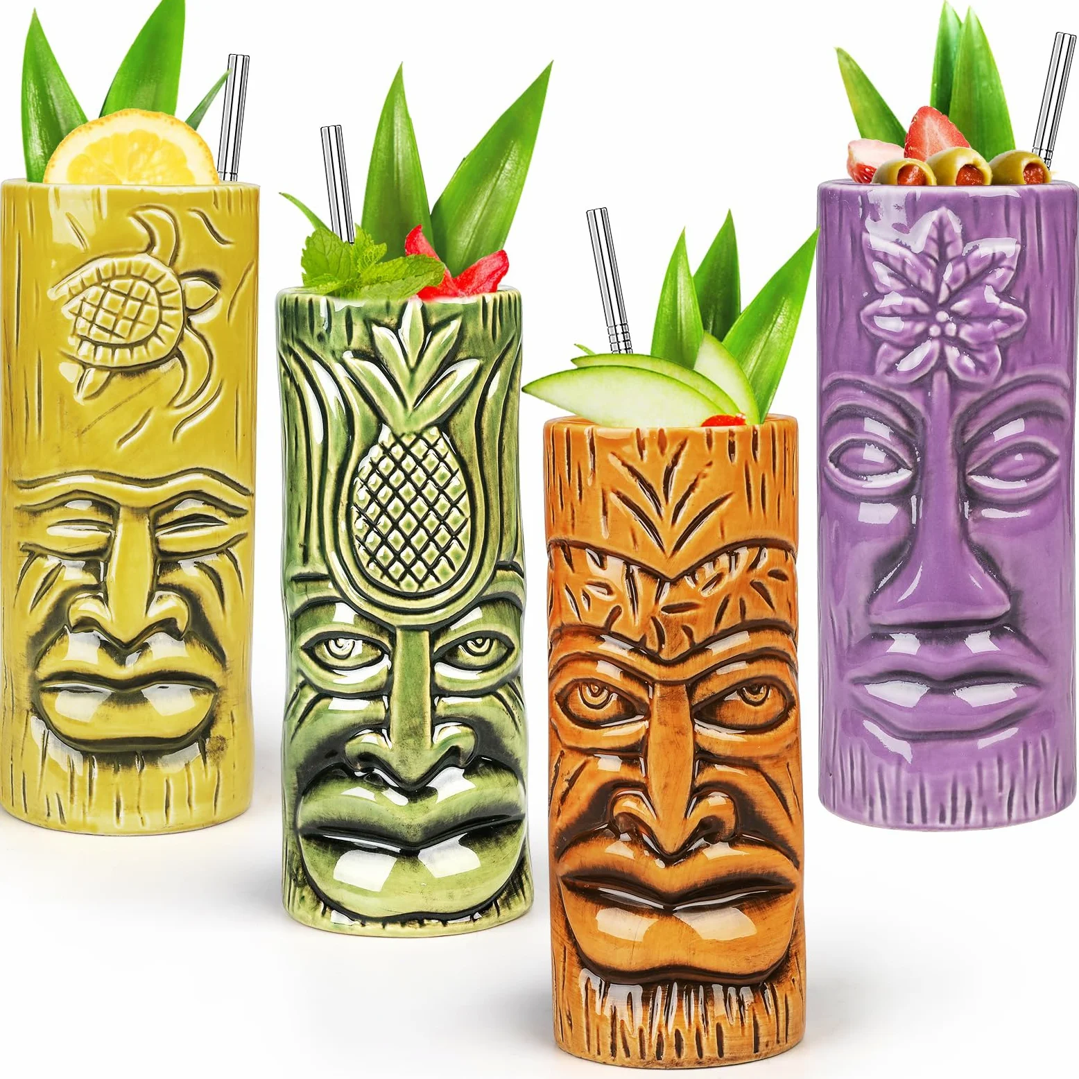 SuproBarware Lot de 4 Tasses Tiki en Céramique, Verres à Cocktail Exotiques avec Pailles, Gobelets pour Fête Hawaïenne Mai Tai Pina Colada, Accessoires de Bar Professionnel