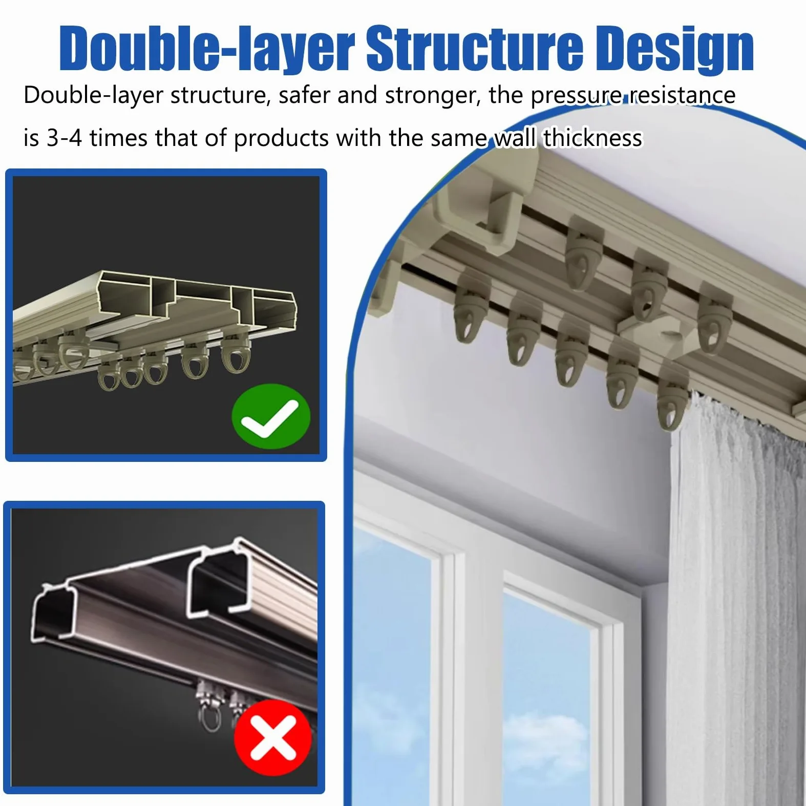 Tringle à rideaux silencieuse à rails à double rangée, rail rideaux plafond pour chambre à coucher, salon, rideaux occultants(Wit,2.2m(7.2ft))