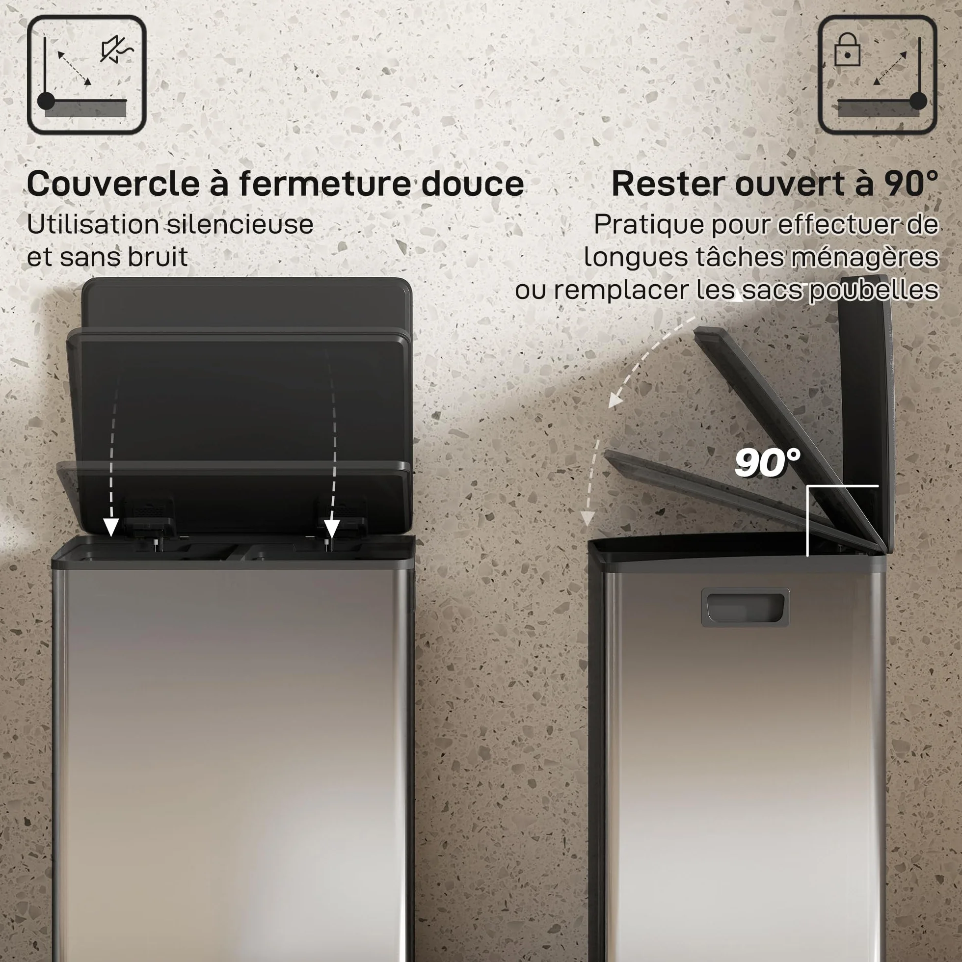 HOMCOM Poubelle double compartiment 2x30L acier inoxydable cuisine pédale tri sélectif