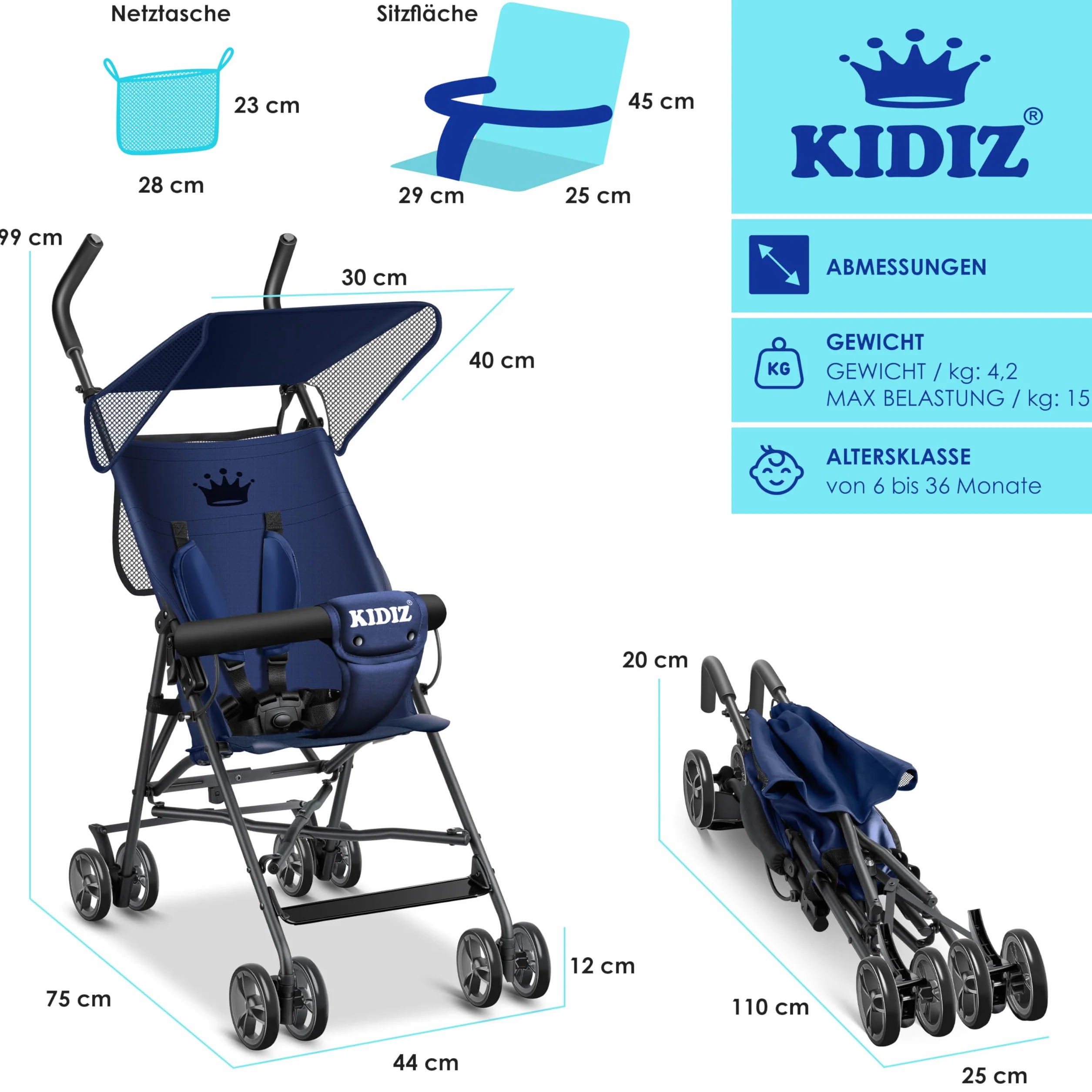 KIDIZ Poussette pliante 360° 4 roues parasol ceinture sécurité 5 points bleu marine