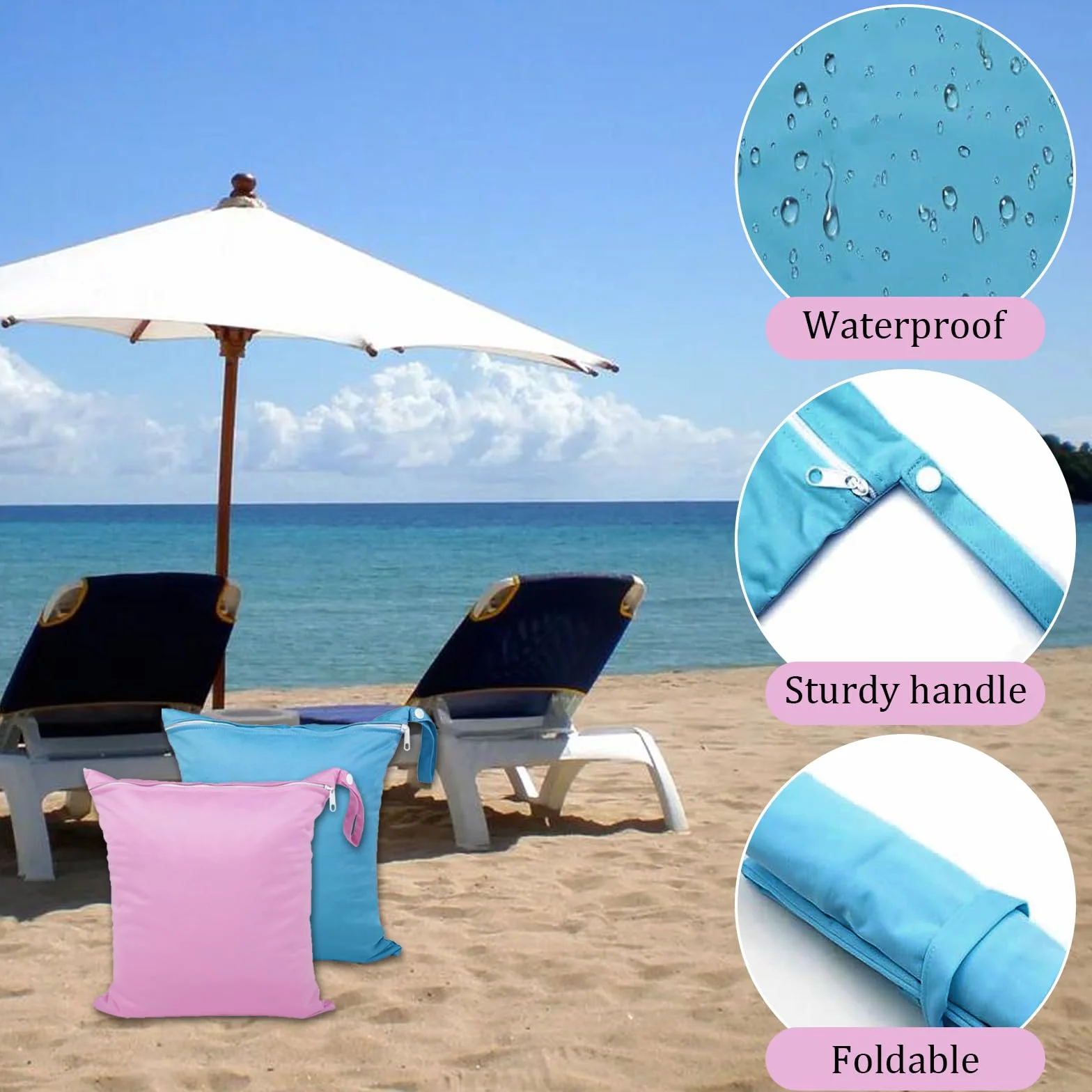 Sac Etanche 28 × 30 cm Wetbag Réutilisable pour Bébé Sports Natation Bleu et Rose