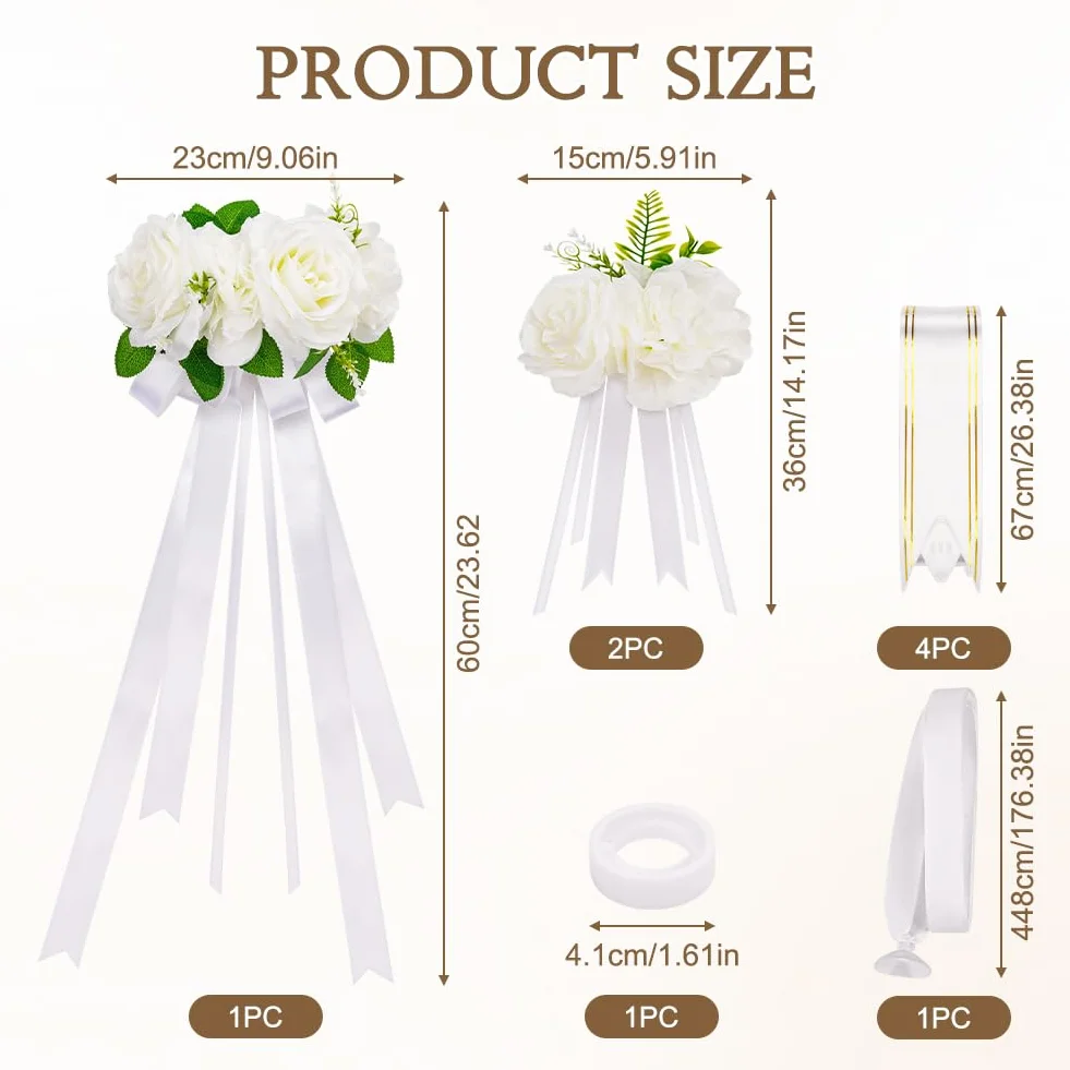 Déco Voiture Mariage Kit Décoration 3 Roses 4 Nœud 1 Tulle Ruban Adhésif