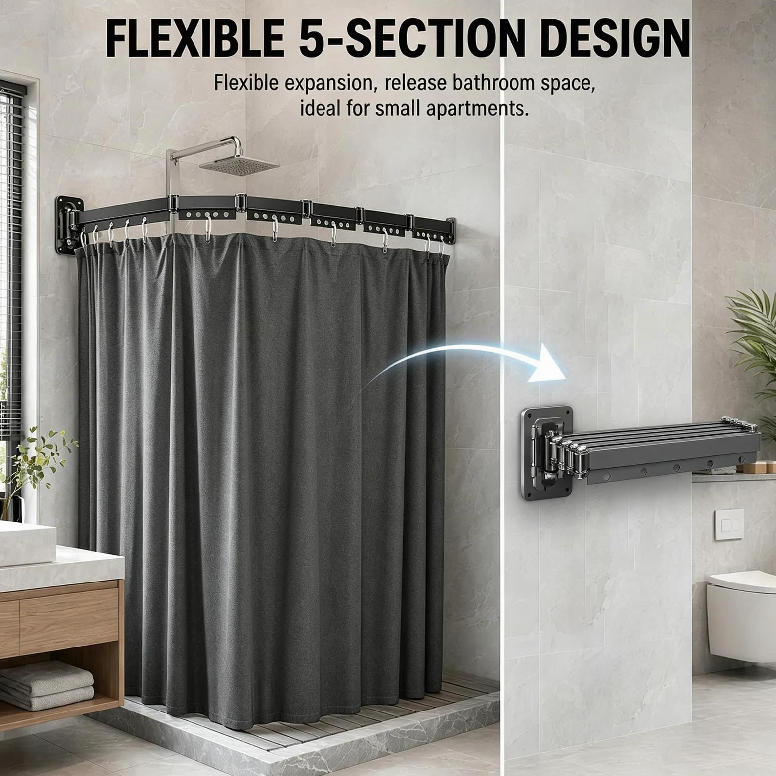 Tringle à rideau de douche sans perçage, pliable en 5 positions, montage mural en forme de L/U, barre de rideau de douche sans perçage pour coin/baignoire, pliable et peu encombrant (gris)