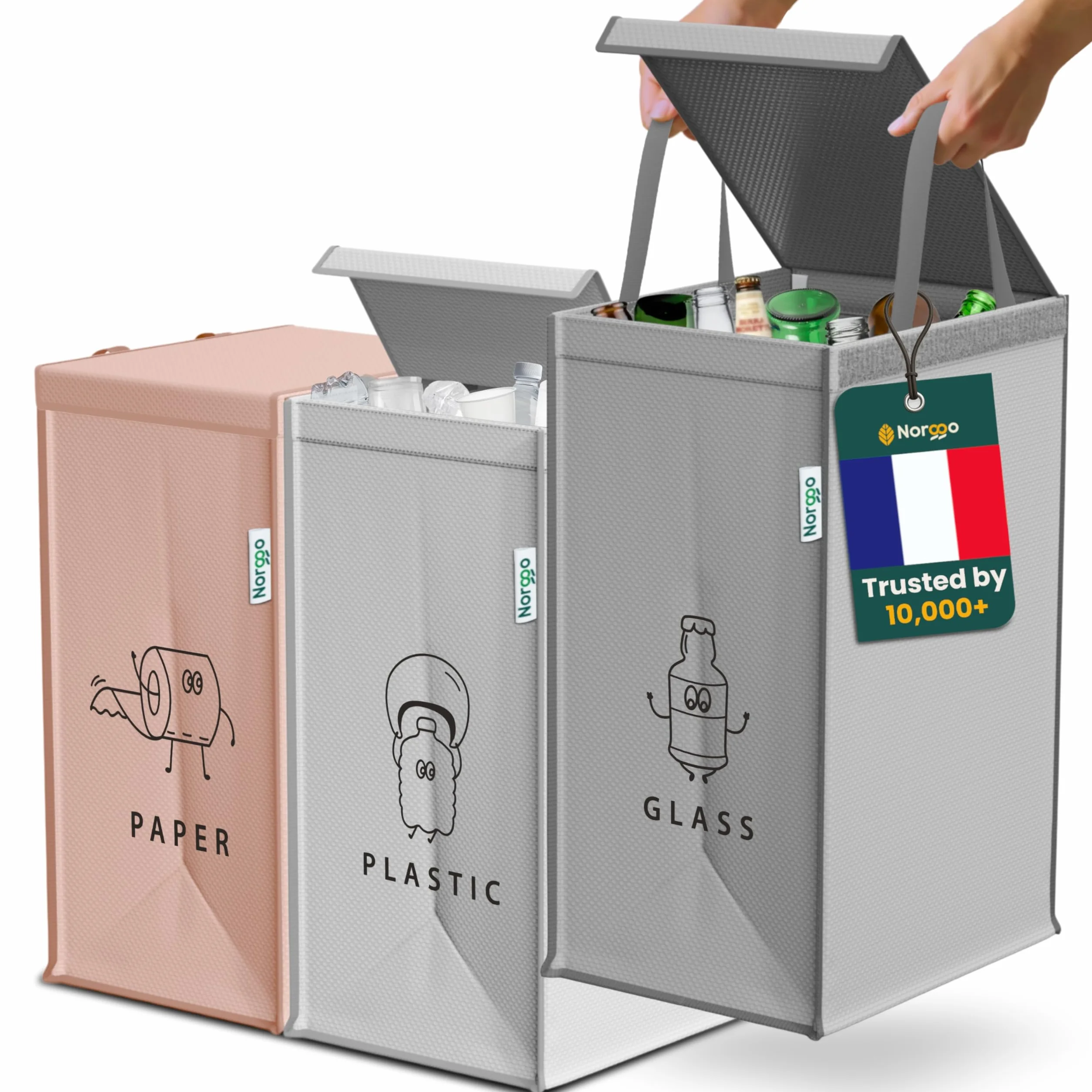 Poubelle tri selectif 3 bacs 40L avec poignée pour plastique, papier et verre