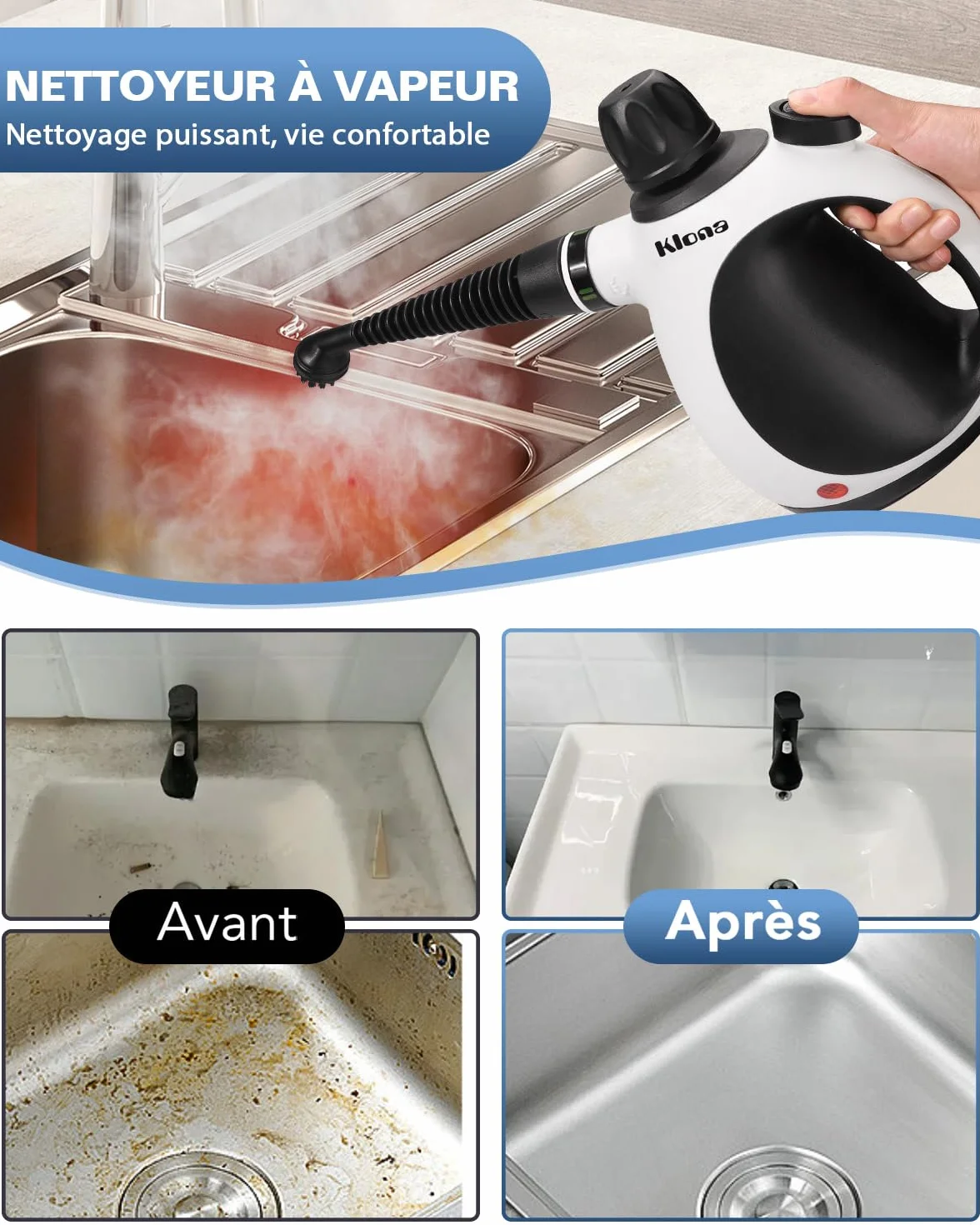 KLONA Nettoyeur à vapeur portatif multi-usage avec 10 accessoires