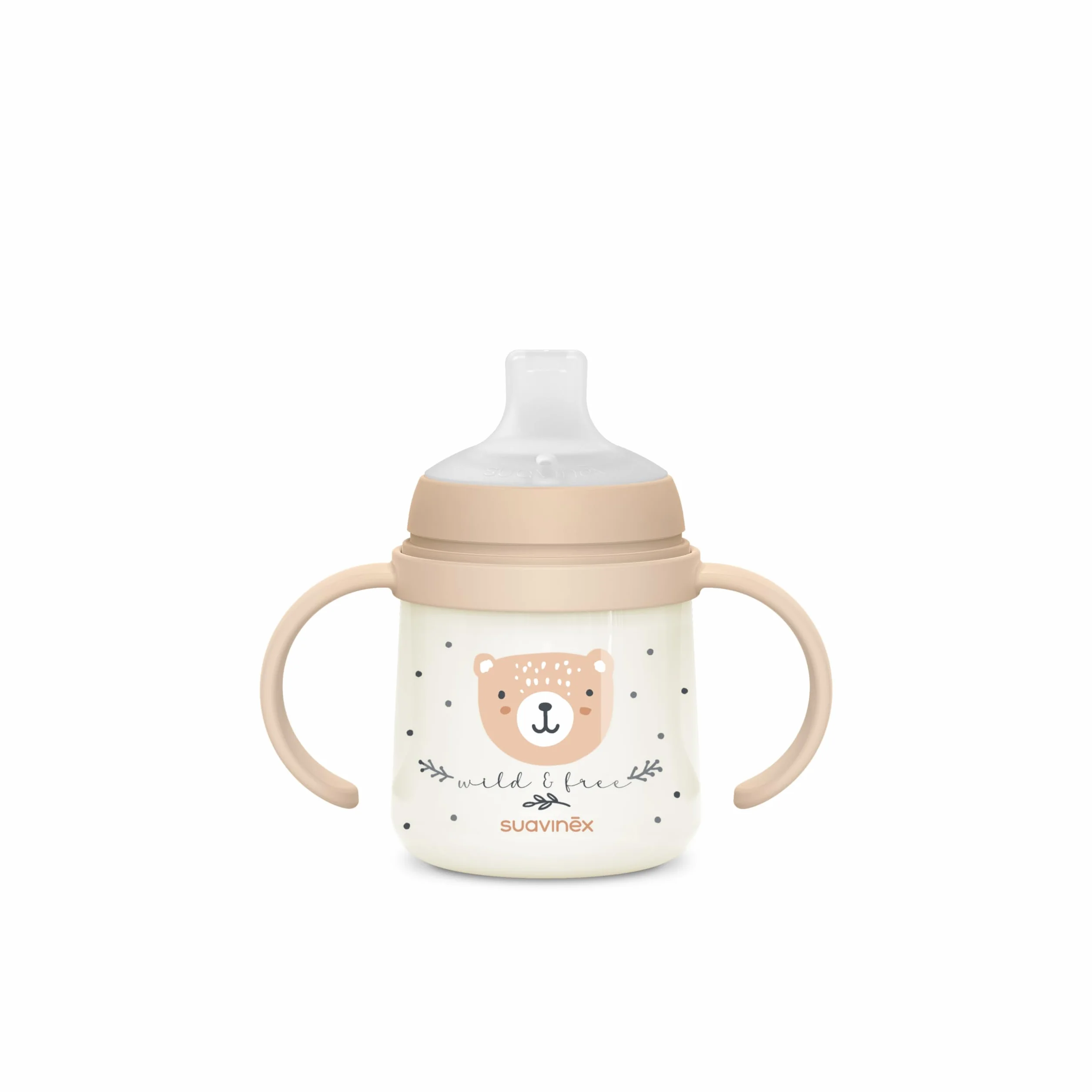 Suavinex Tasse Apprentissage Bébé 150 ml avec Bec Anti-fuites Silicone Valve Anti-Colique Brillent dans le Noir Beige