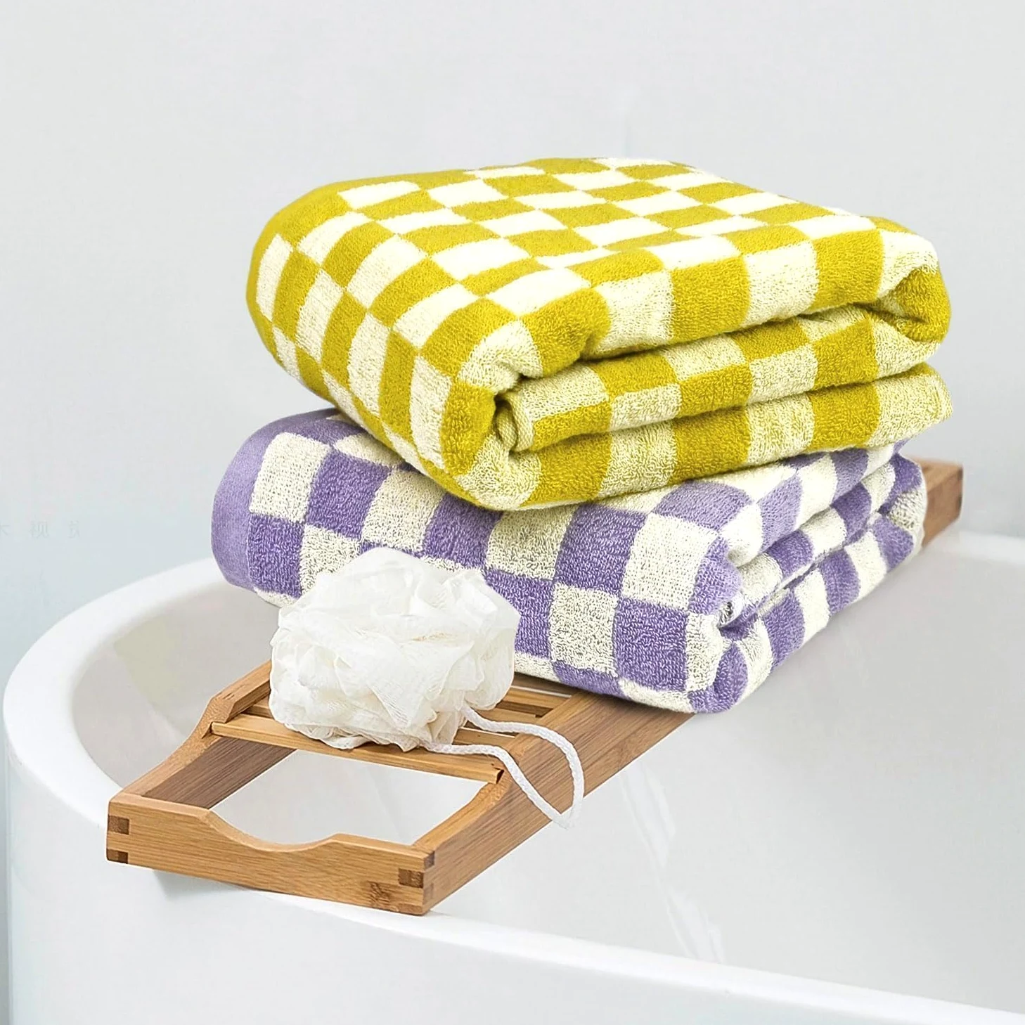 Jacquotha Lot de 2 grandes serviettes de bain à carreaux jaunes et lilas, douces et colorées, pour salle de bain, spa, grandes serviettes de douche de 140 x 69,8 cm, fines à séchage rapide pour plage,
