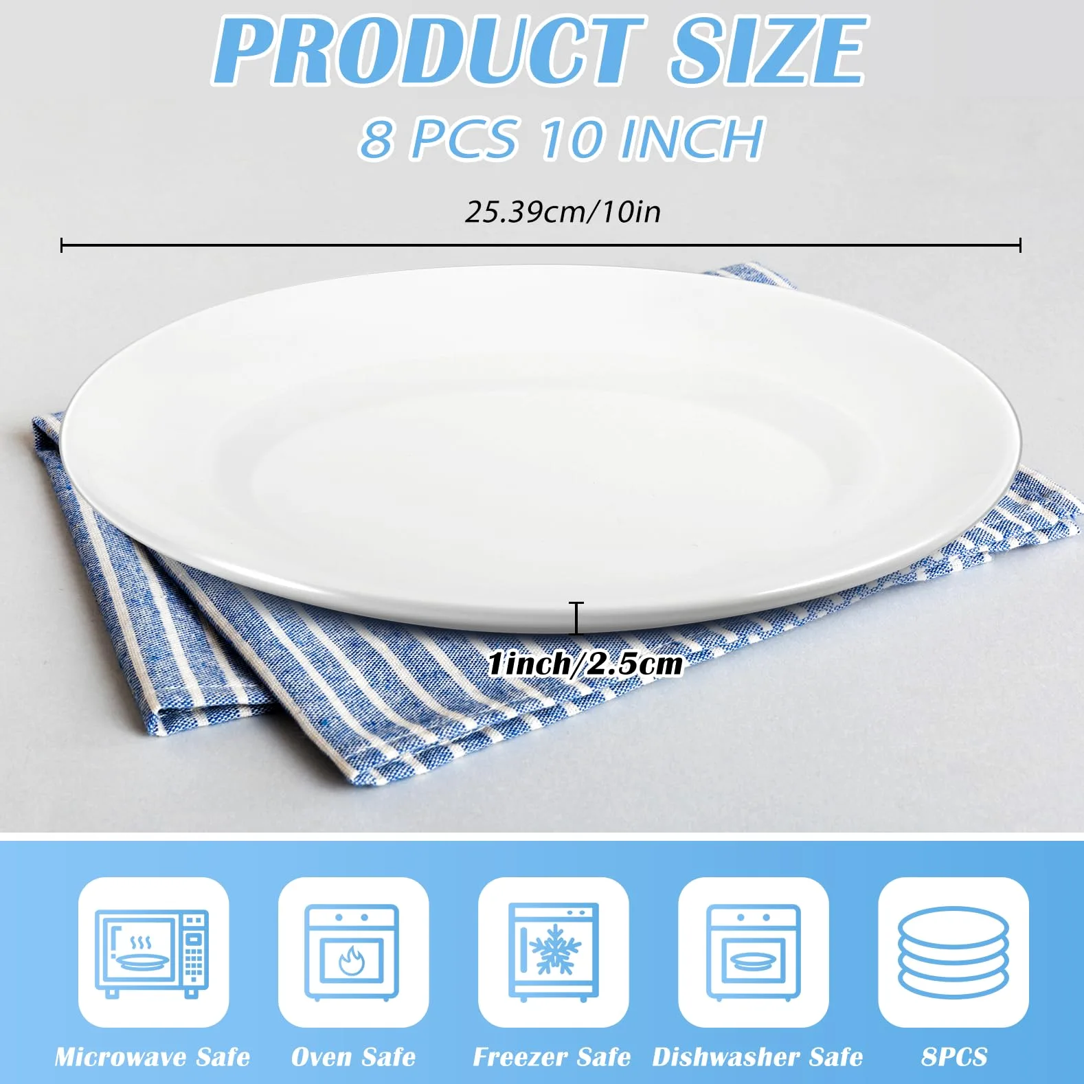 Lot de 8 assiettes rondes en céramique, 25,4 cm, assiettes à dessert, assiettes à petit-déjeuner, assiettes à gâteau, assiettes à salade, empilables, robustes, pour pâtes, pain, plats