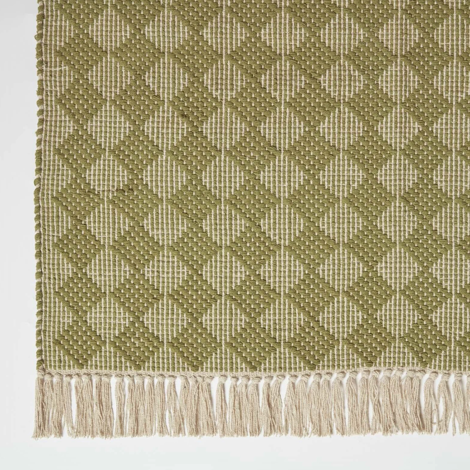 HOMESCAPES Tapis Vert en Coton Lima, Tapis rectangulaire 120x170 cm, Tapis géométrique à Franges