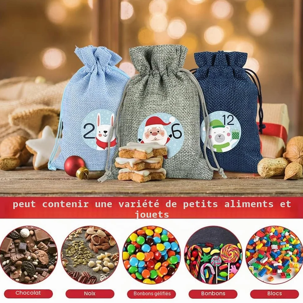 Calendrier de l'Avent à Remplir Sac en Tissu Jute, Sacs Surprise de Noël