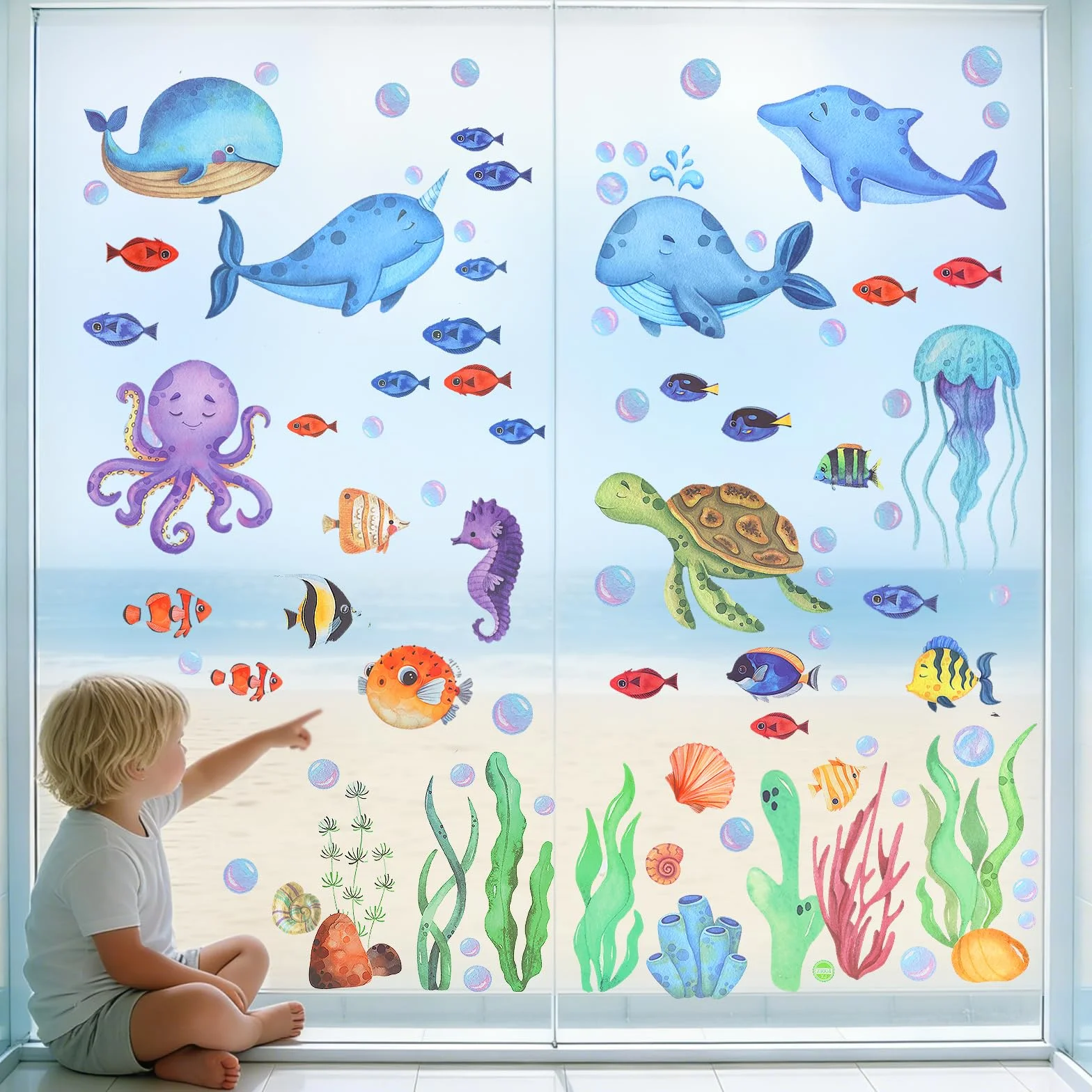 Autocollants Fenêtre Enfants 9Pcs Electrostatique Stickers Vitre Décoratifs Océan Été