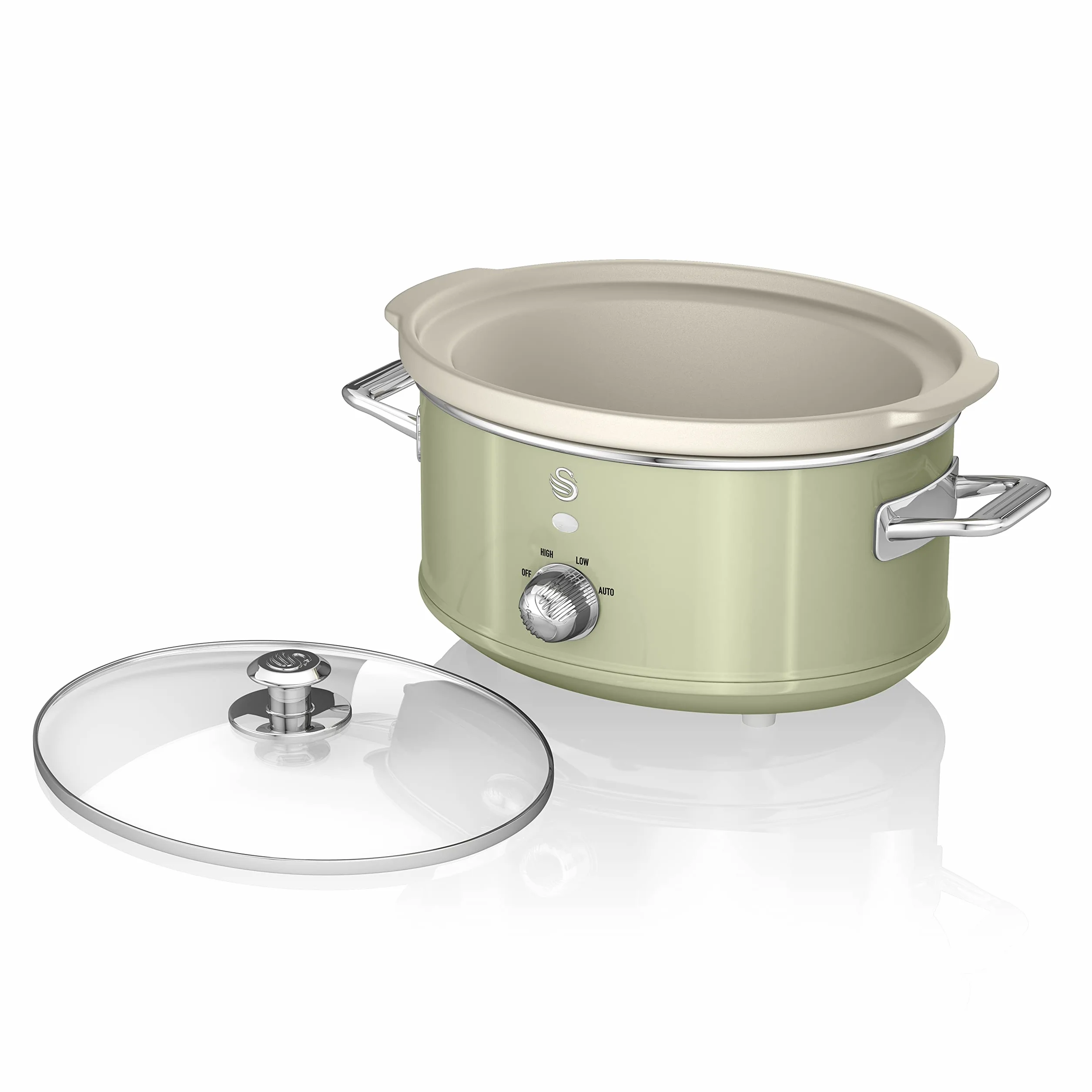 Swan Retro SF17021GNEU Mijoteuse 3,5L Antiadhésif Céramique PFOA PTFE Libre 3 Niveaux Température Couvercle Verre Vert 200 W