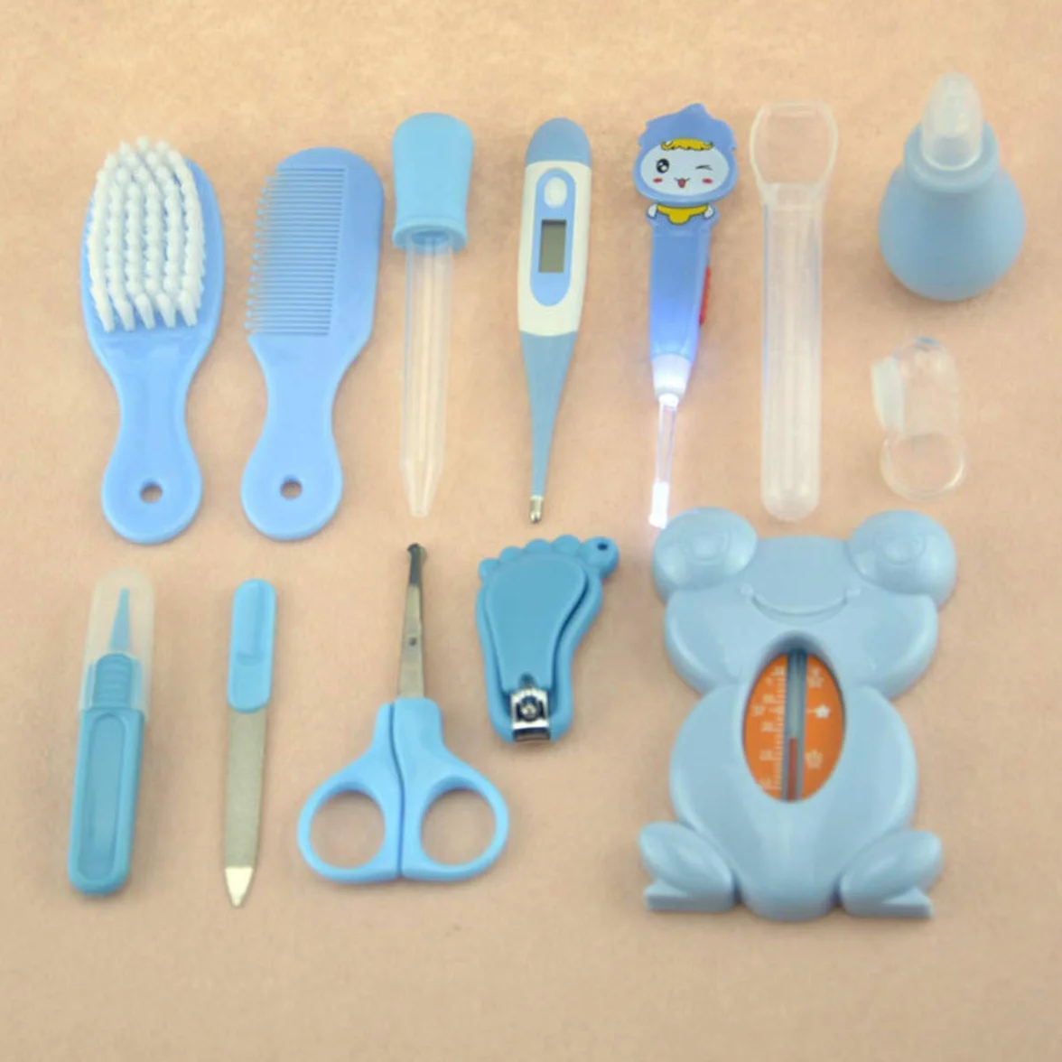 Kit de soins bébé nouveau-né 13 pièces Thermomètre Brosse Toilettage Trousse (Bleu)