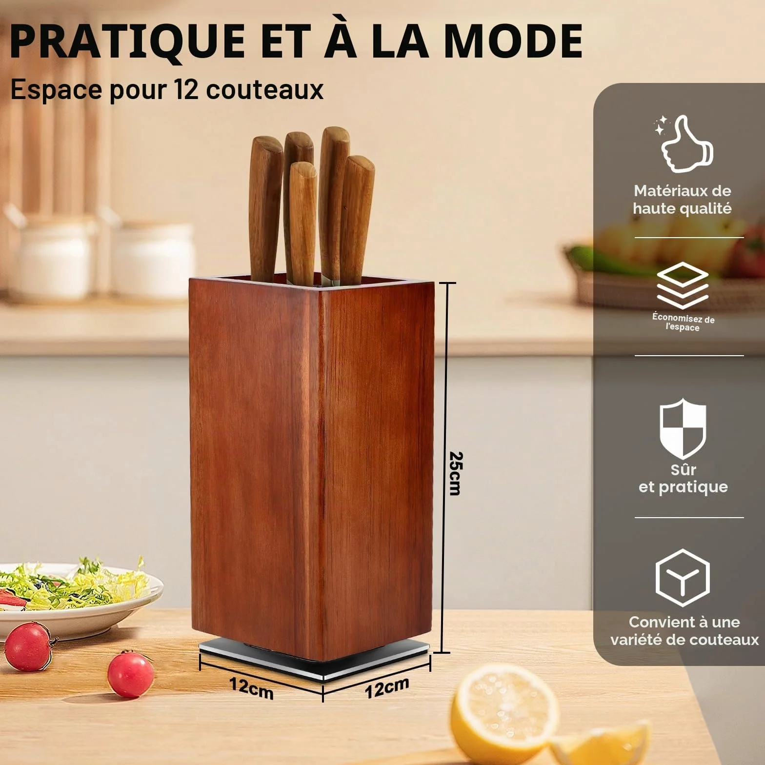 Bloc à Couteaux Magnétique en Bois, Support Couteau Cuisine, Rangement Universel 25x12x12 cm