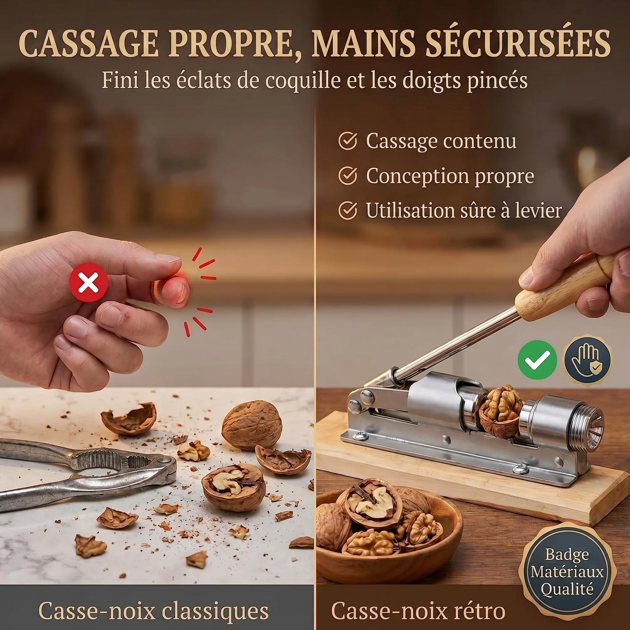 Casse-noisettes en acier inoxydable avec levier réglable