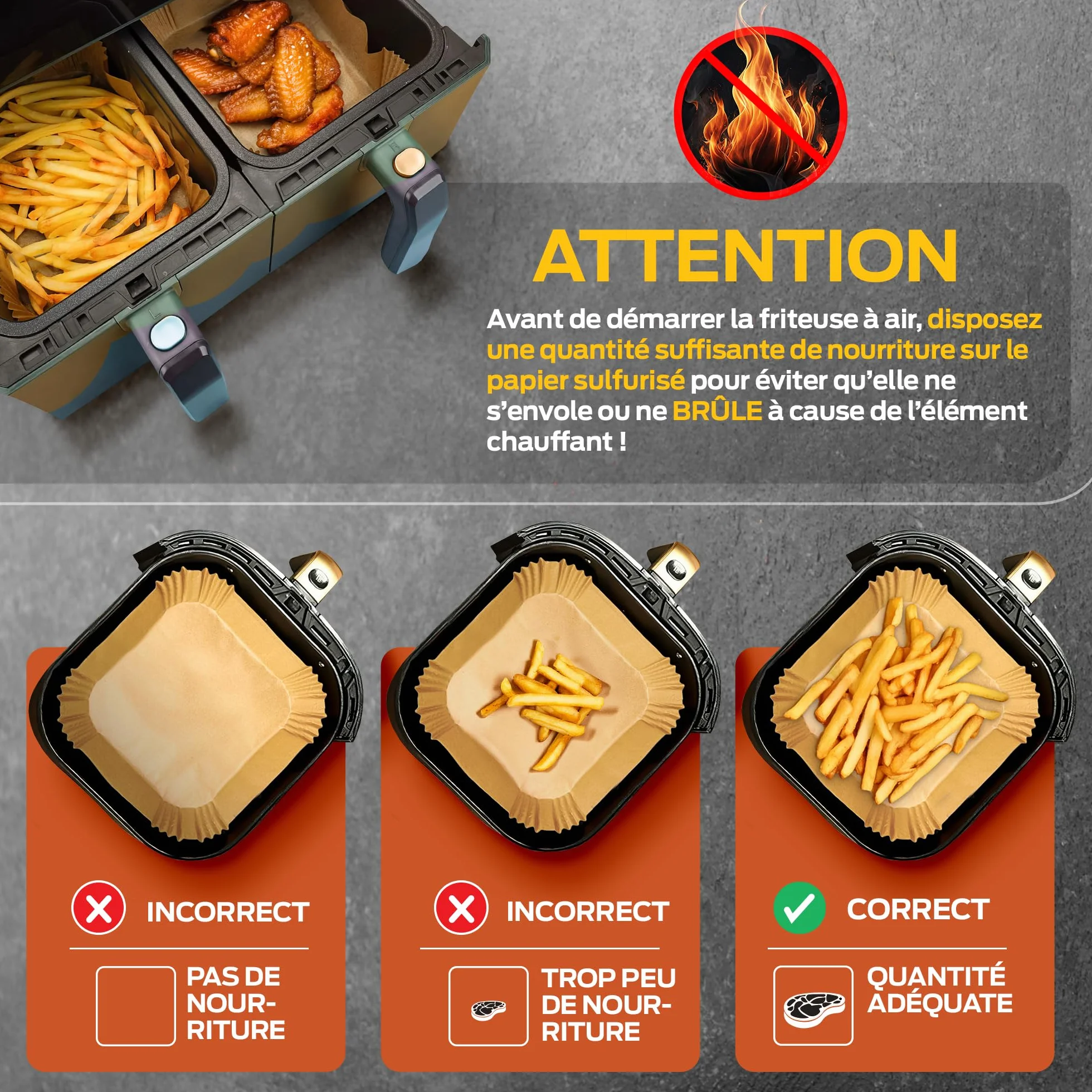 PORTENTUM Papier cuisson air fryer 100 pièces Food-Grade sans BPA 20×24 cm adapté friteuses 5–8 L