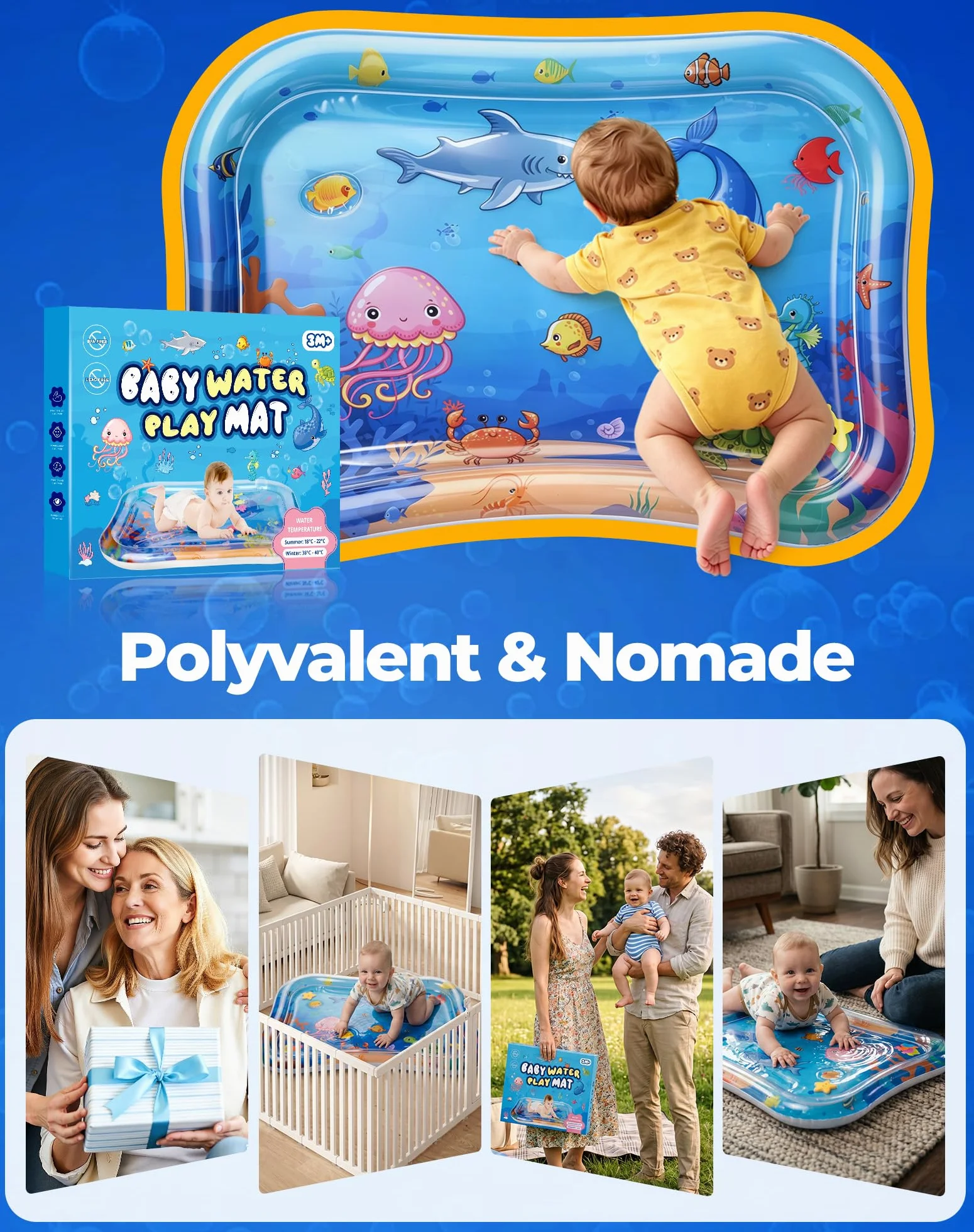 Grand Tapis d'eau Bébé 95x76cm Gonflable Tummy Time Sensoriel Poisson pour Bébés et Tout-petits Cadeau Jouet 3-12 Mois